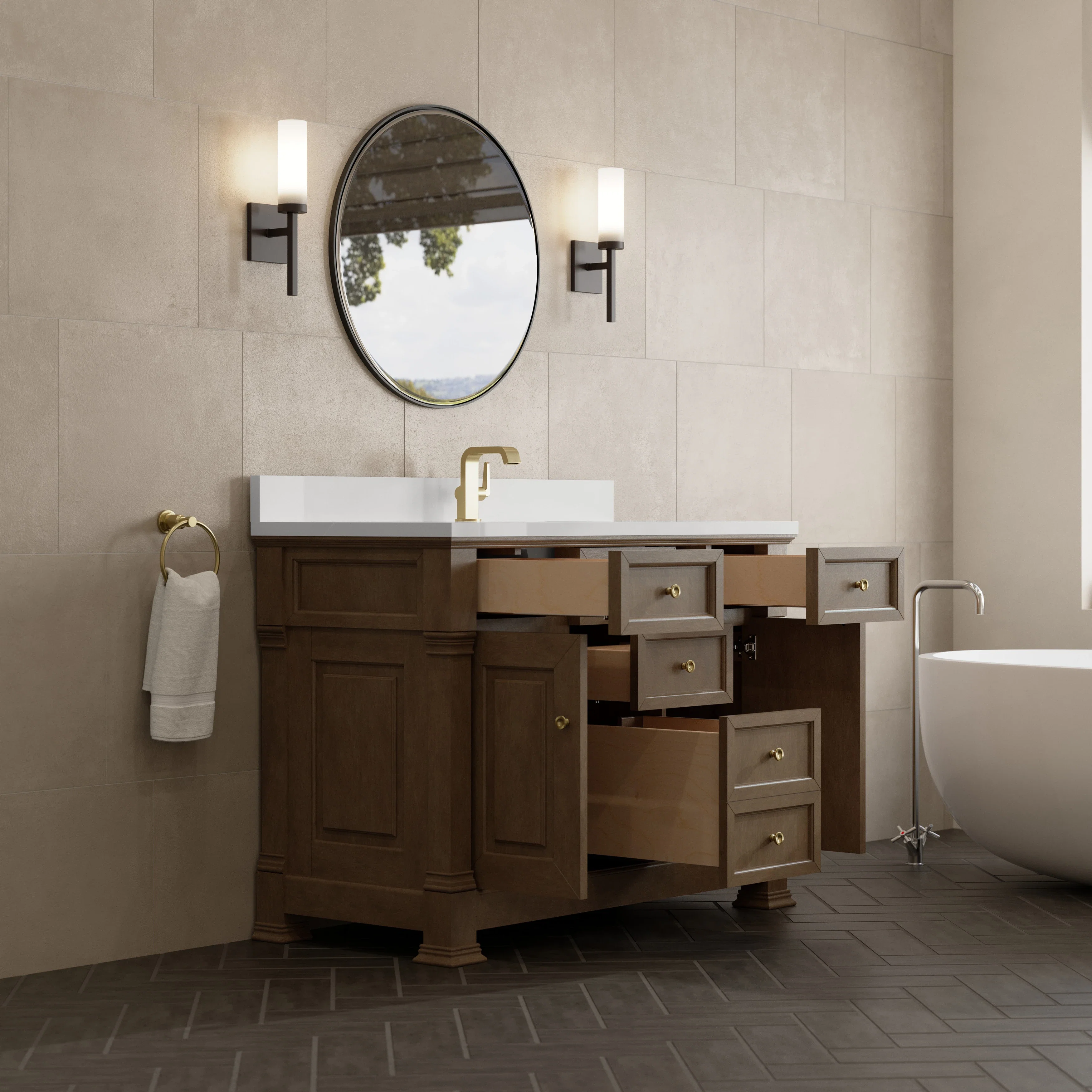 Brookfield 48" Single Vanity, Pecan w/ Single Hole 3CM White Zeus Silestone  Top & Backsplash