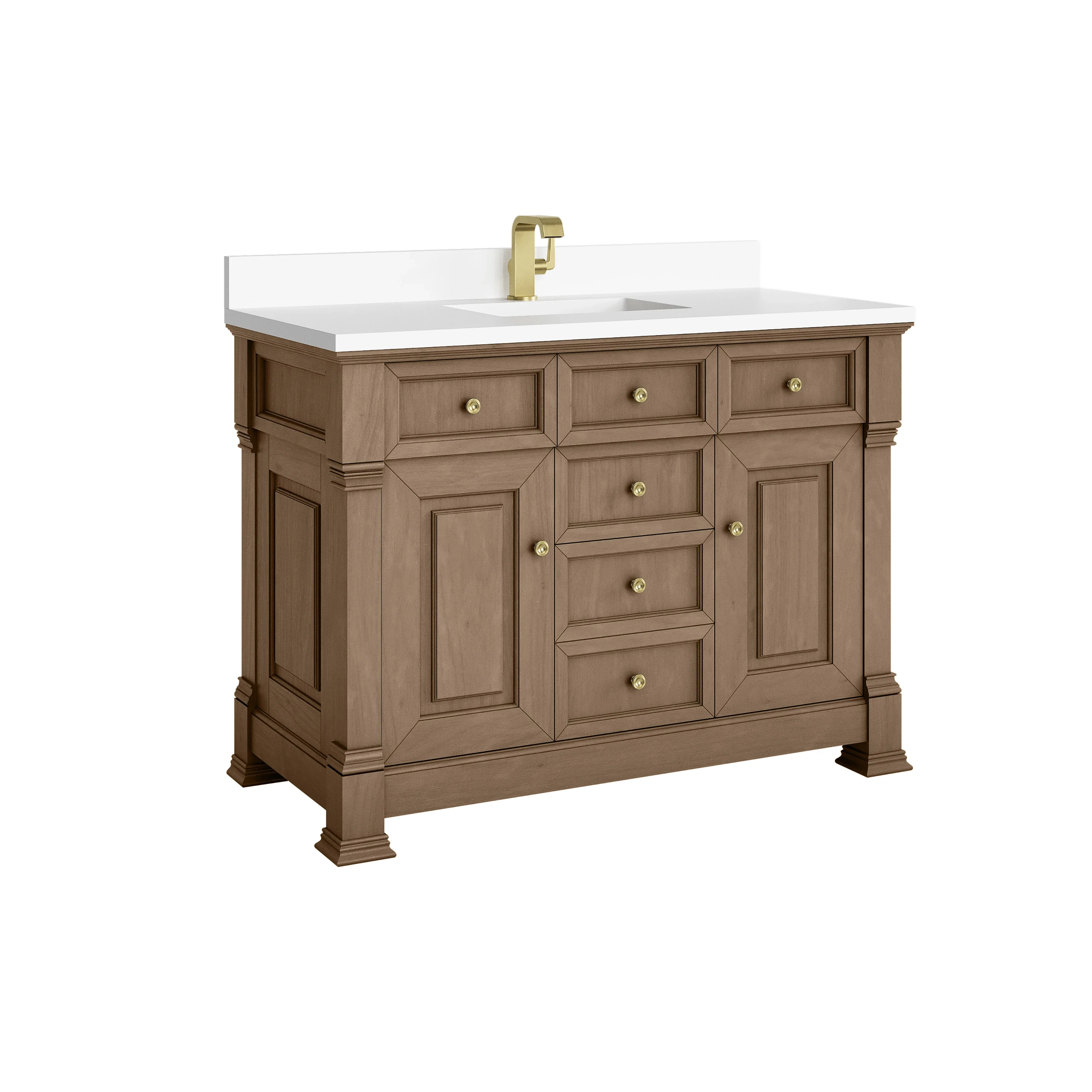Brookfield 48" Single Vanity, Pecan w/ Single Hole 3CM White Zeus Silestone  Top & Backsplash