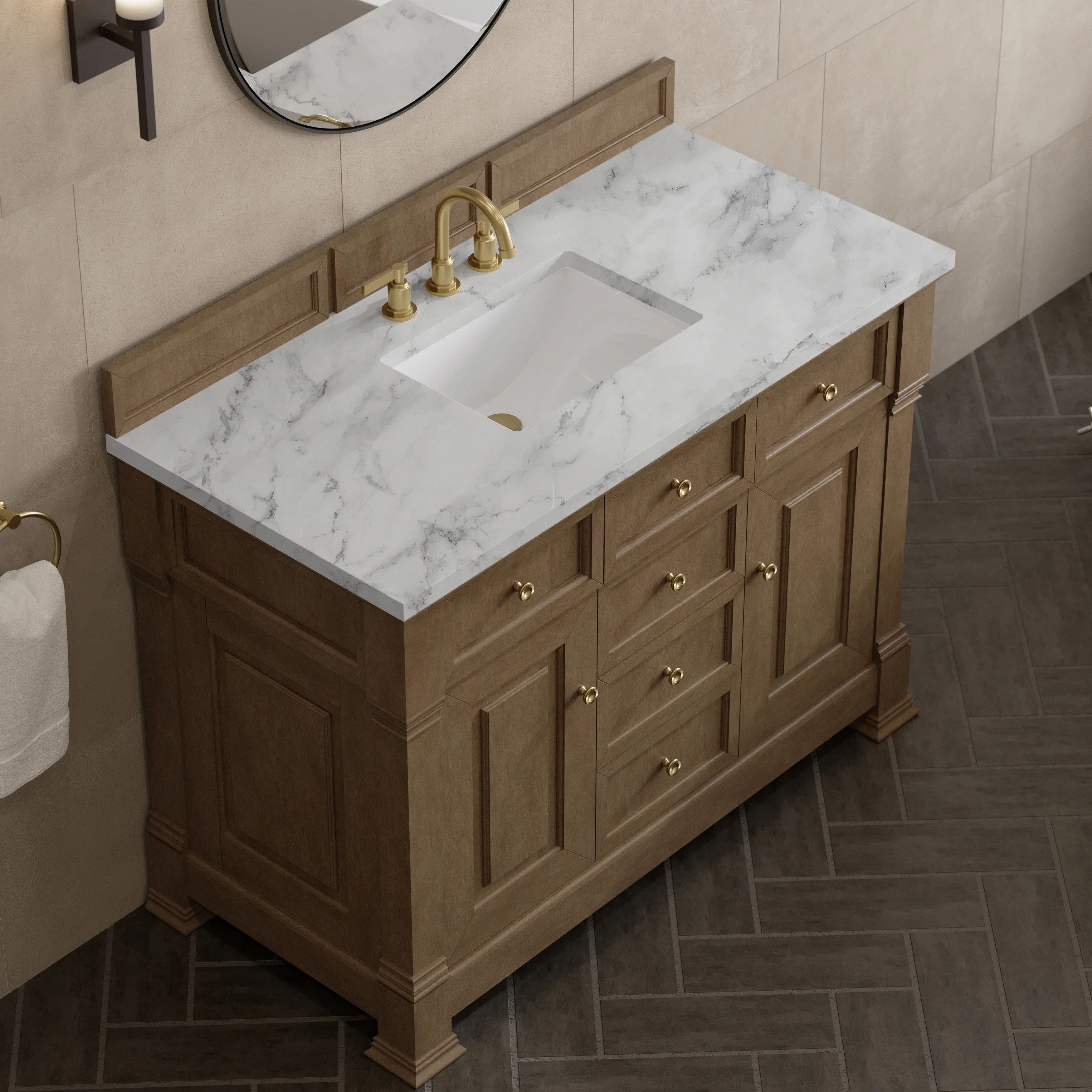 Brookfield 48" Single Vanity, Pecan w/3 CM Carrara White Marble Top