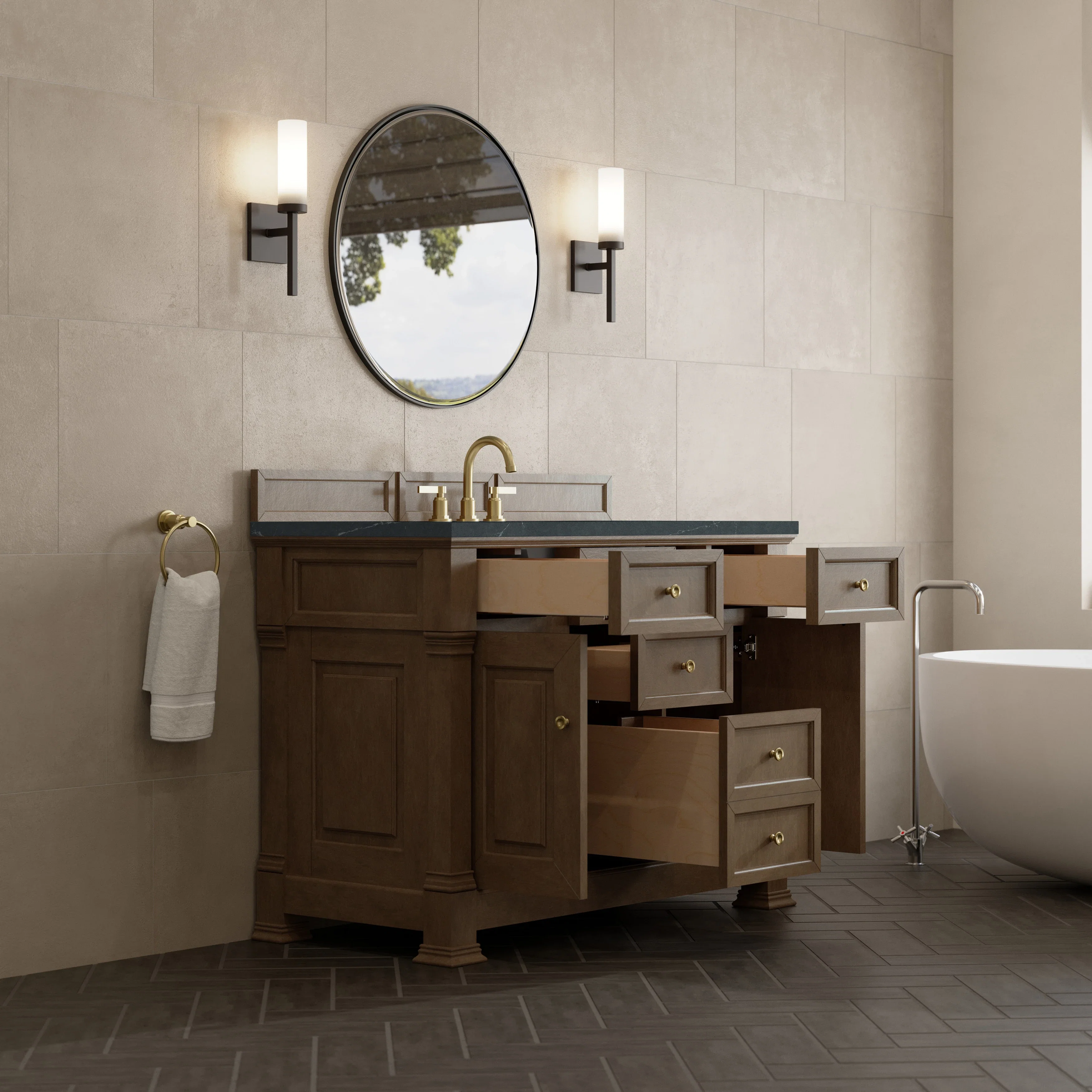 Brookfield 48" Single Vanity, Pecan w/3 CM Charcoal Soapstone Silestone Top