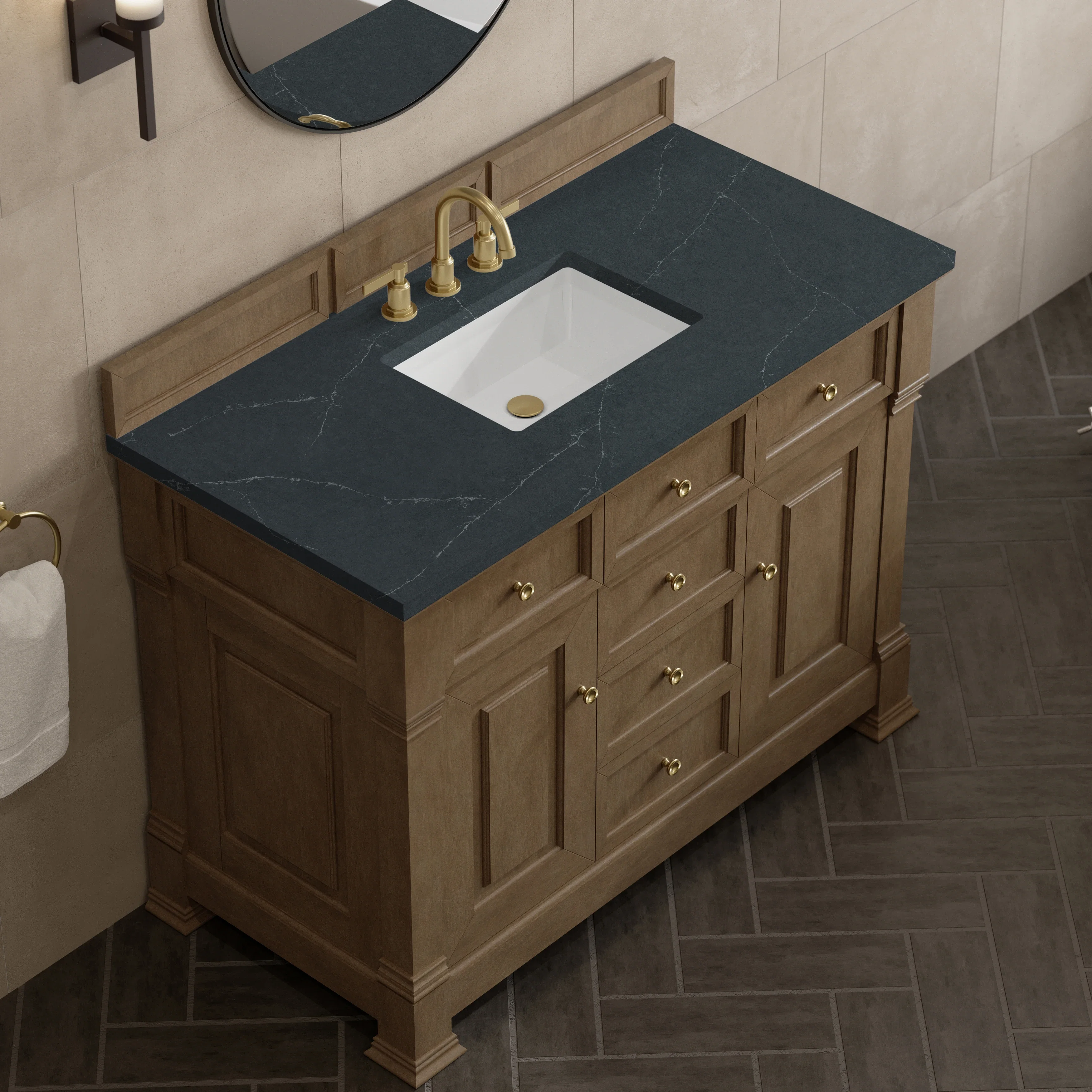 Brookfield 48" Single Vanity, Pecan w/3 CM Charcoal Soapstone Silestone Top