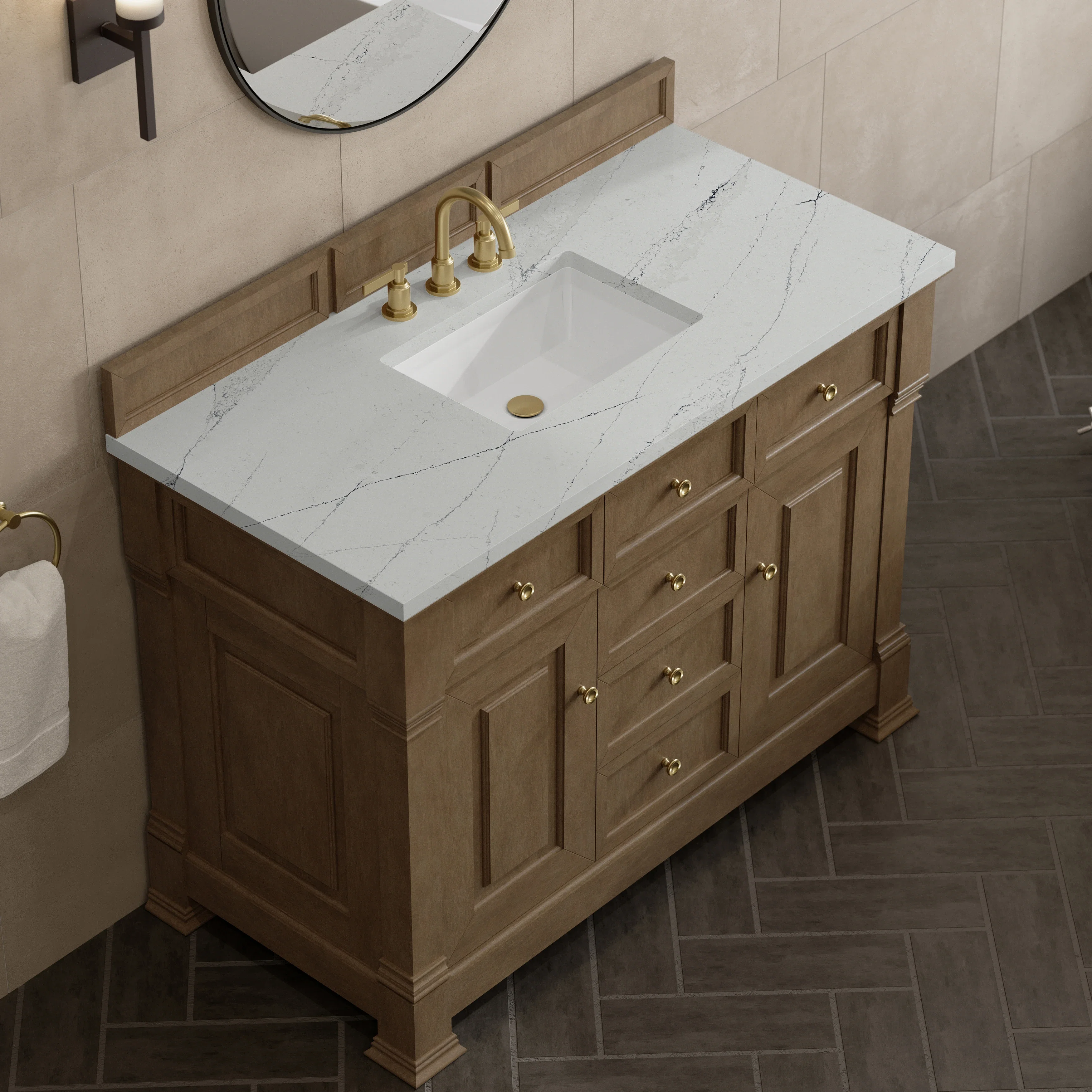 Brookfield 48" Single Vanity, Pecan w/ 3 CM Ethereal Noctis Silestone Top
