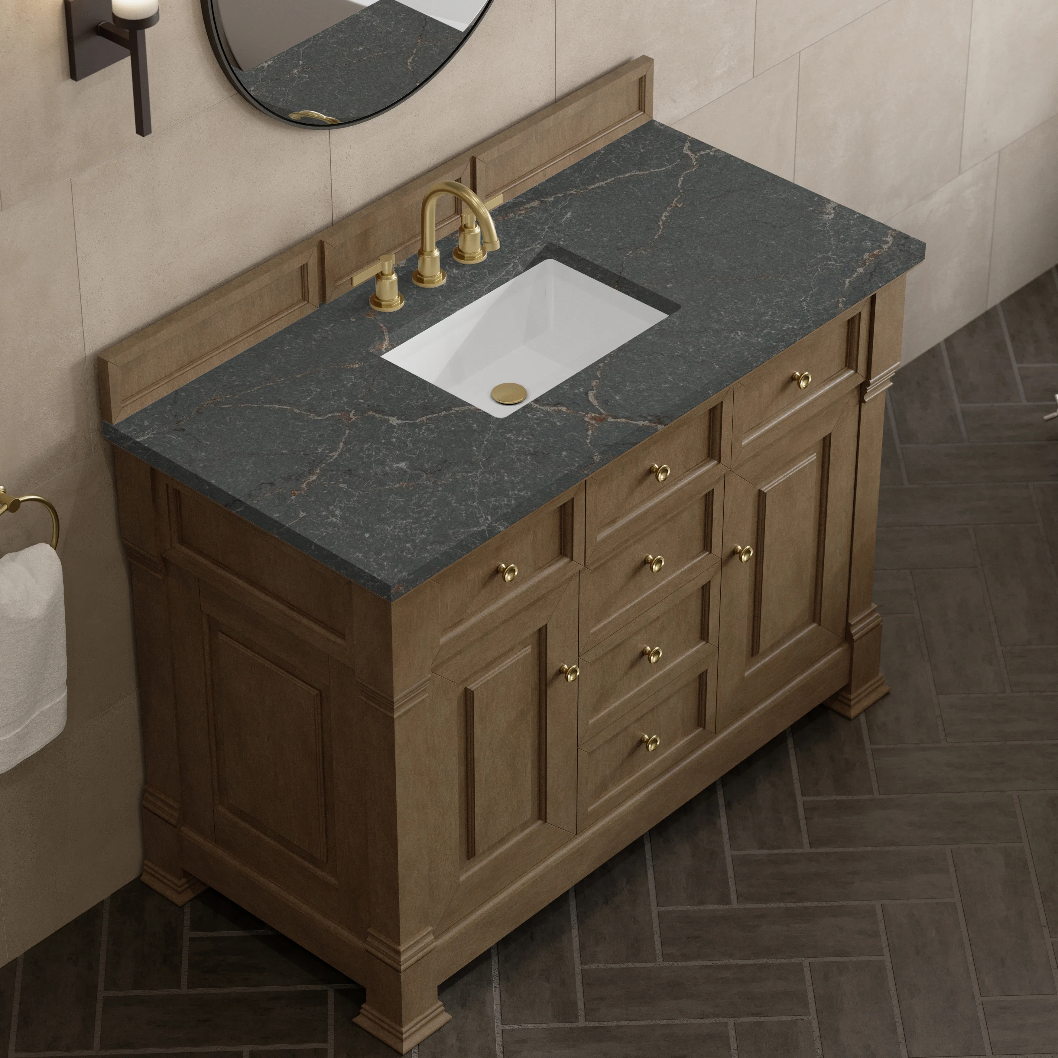 Brookfield 48" Single Vanity, Pecan w/ 3 CM Parisien Bleu Silestone Top