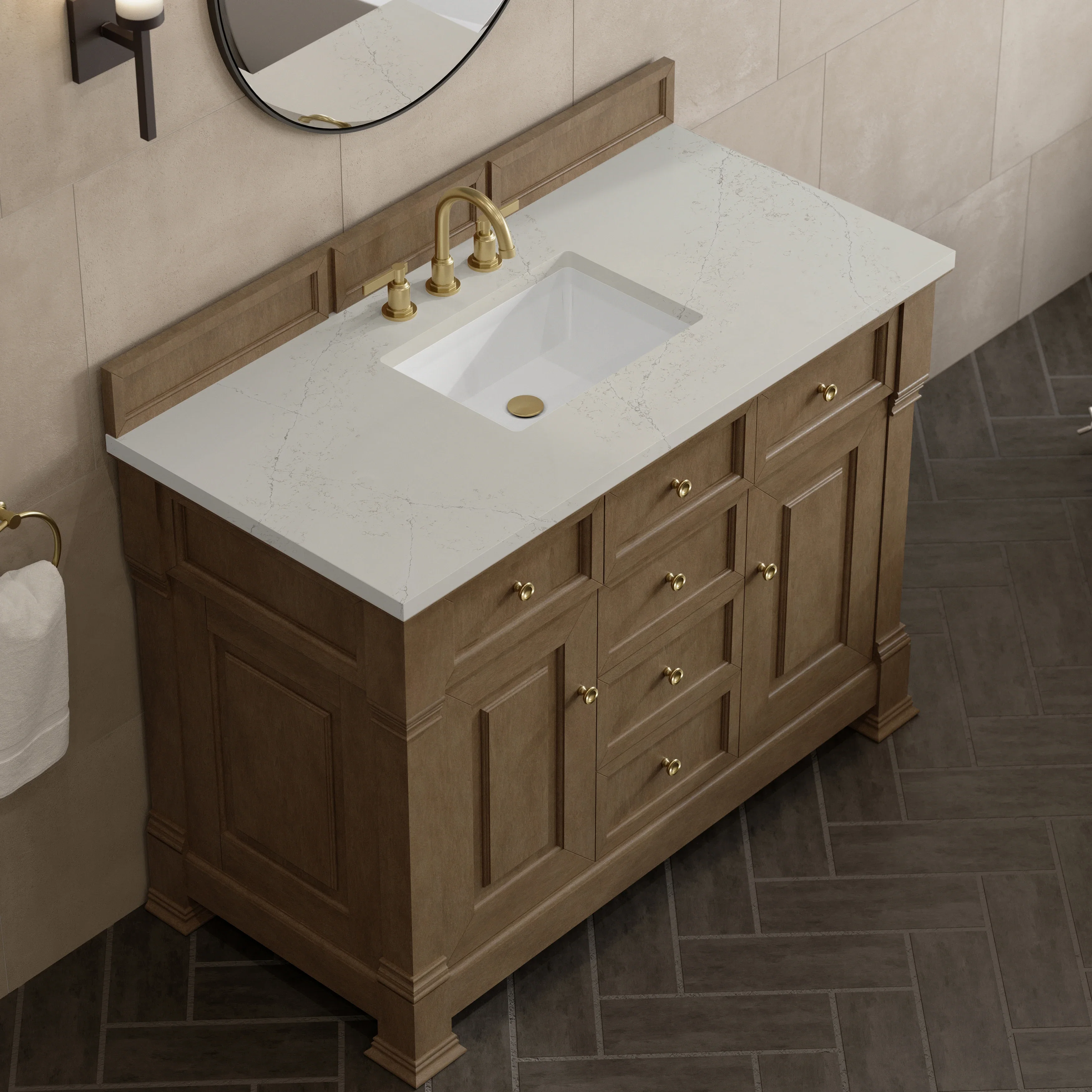 Brookfield 48" Single Vanity, Pecan, w/ 3 CM Siberian Silestone Top