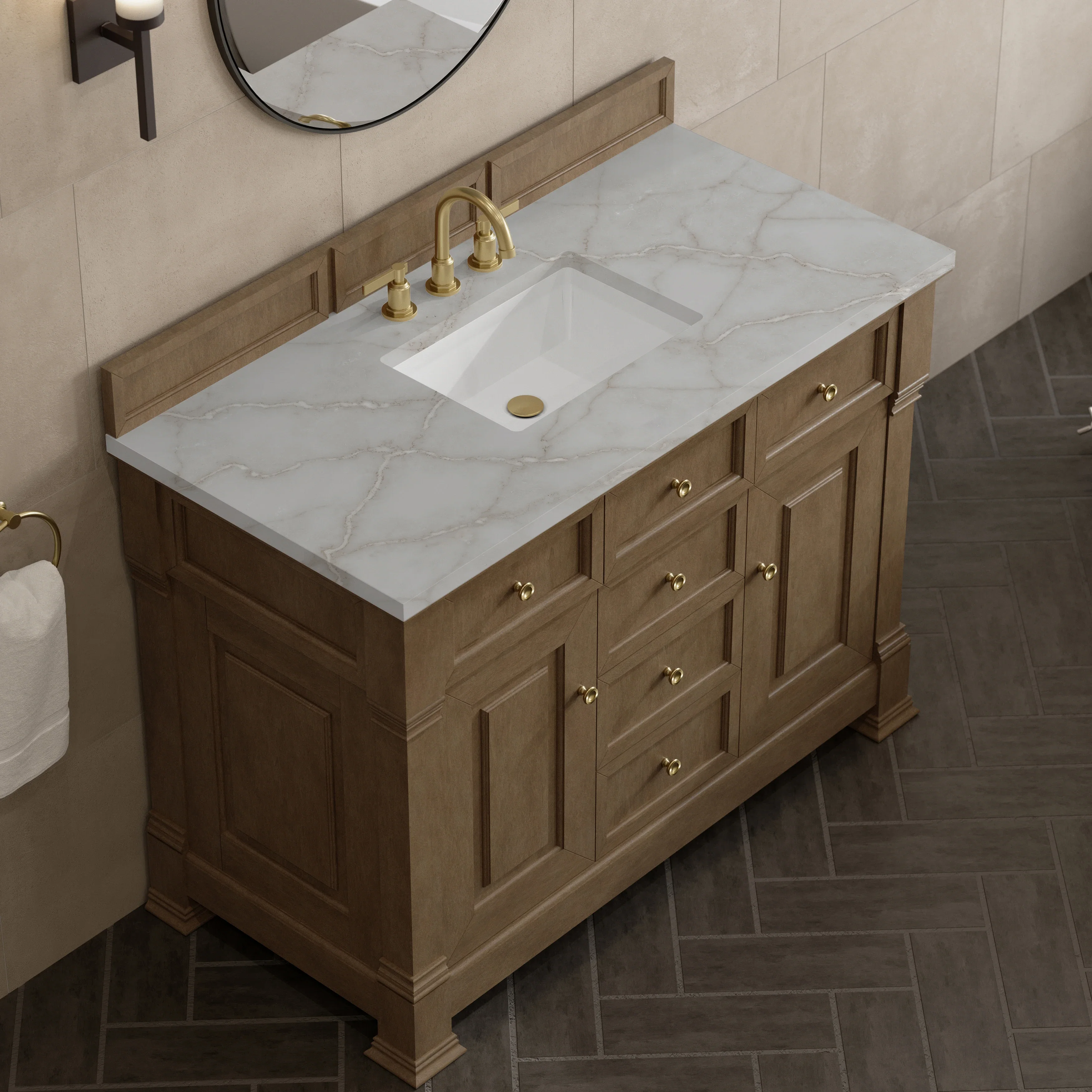 Brookfield 48" Single Vanity, Pecan w/ 3 CM Victorian Silver Silestone Top