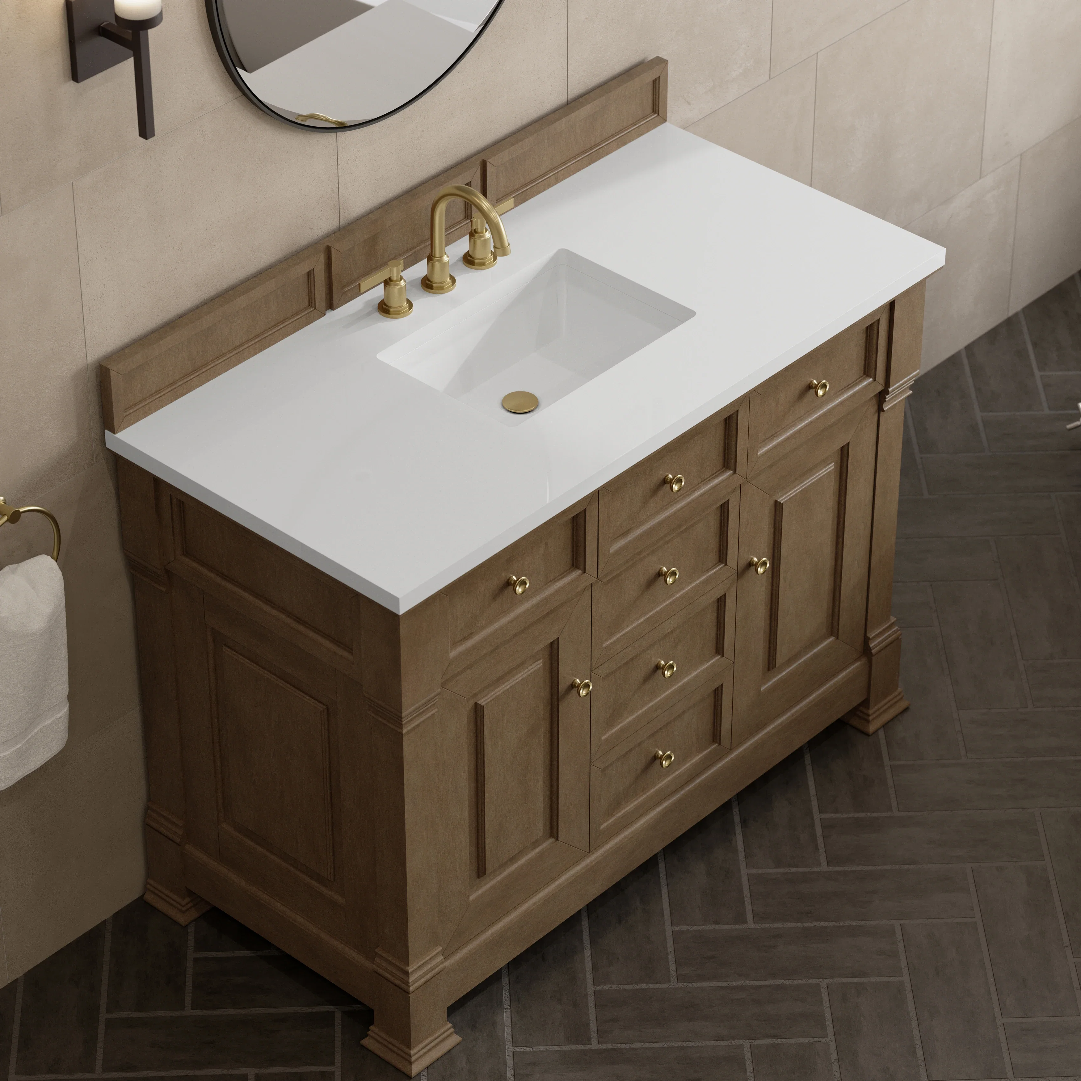 Brookfield 48" Single Vanity, Pecan, w/ 3 CM White Zeus Silestone  Top