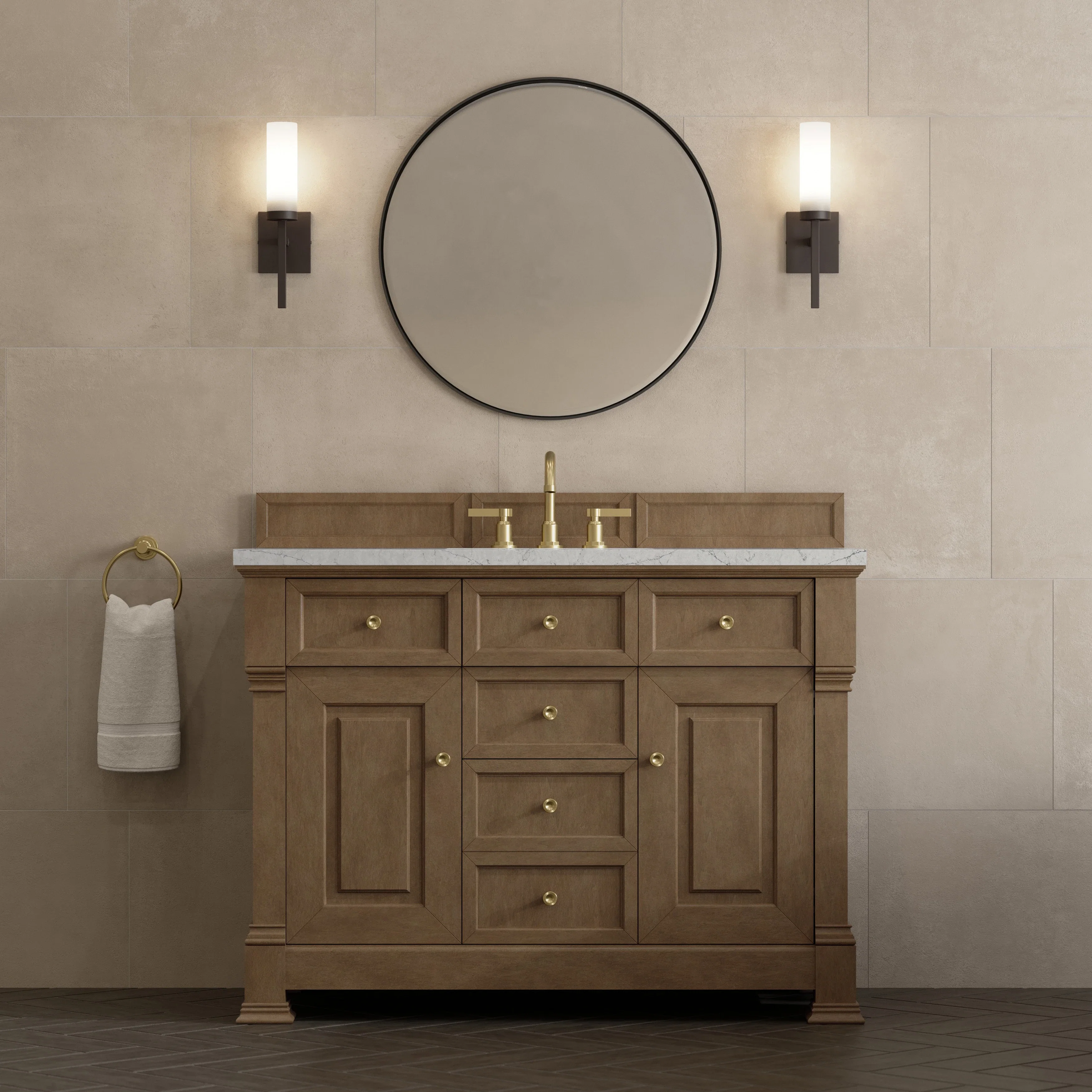 Brookfield 48" Single Vanity, Pecan w/3 CM Eternal Jasmine Pearl Silestone Top w/ FreePower Wireless Charger