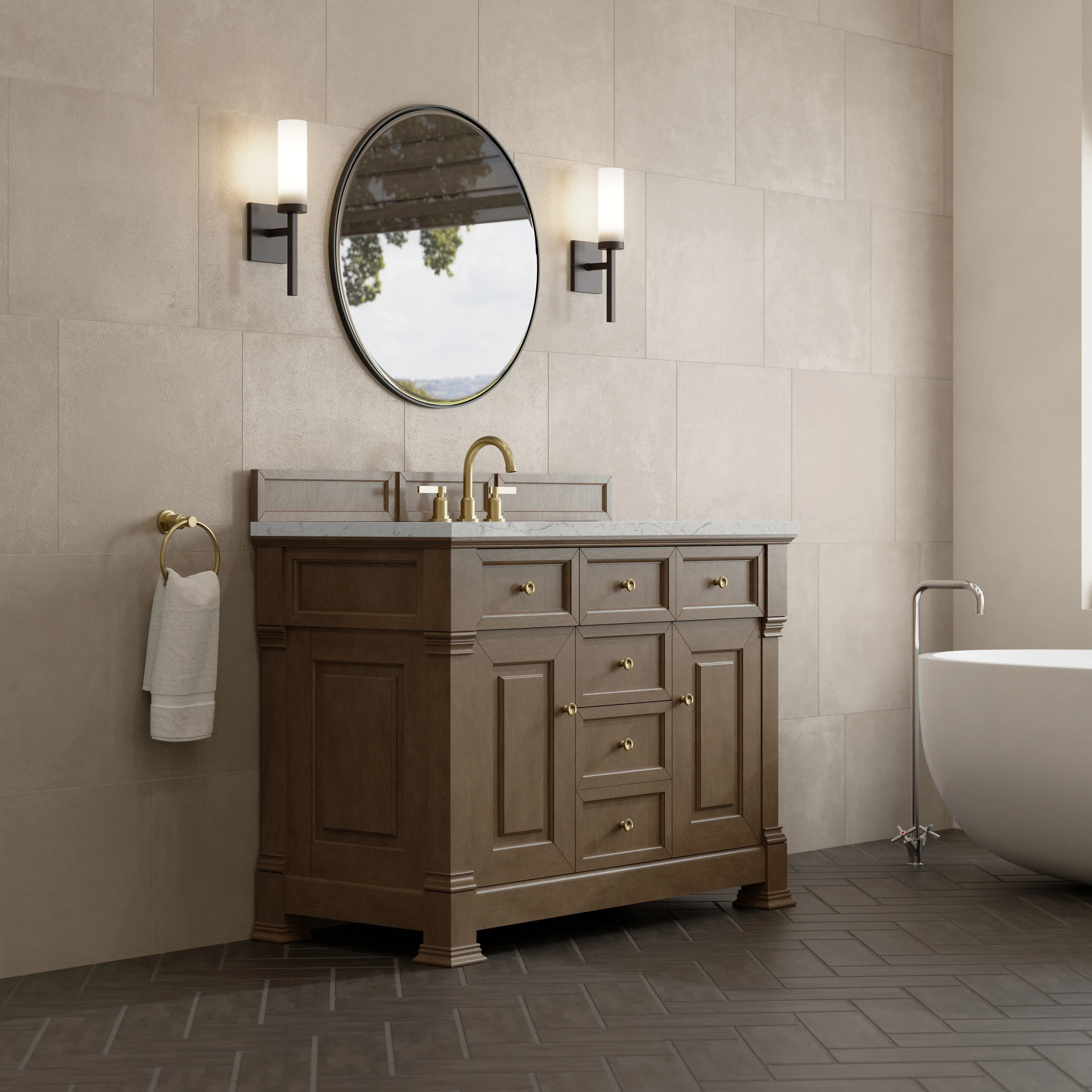 Brookfield 48" Single Vanity, Pecan w/3 CM Eternal Jasmine Pearl Silestone Top w/ FreePower Wireless Charger