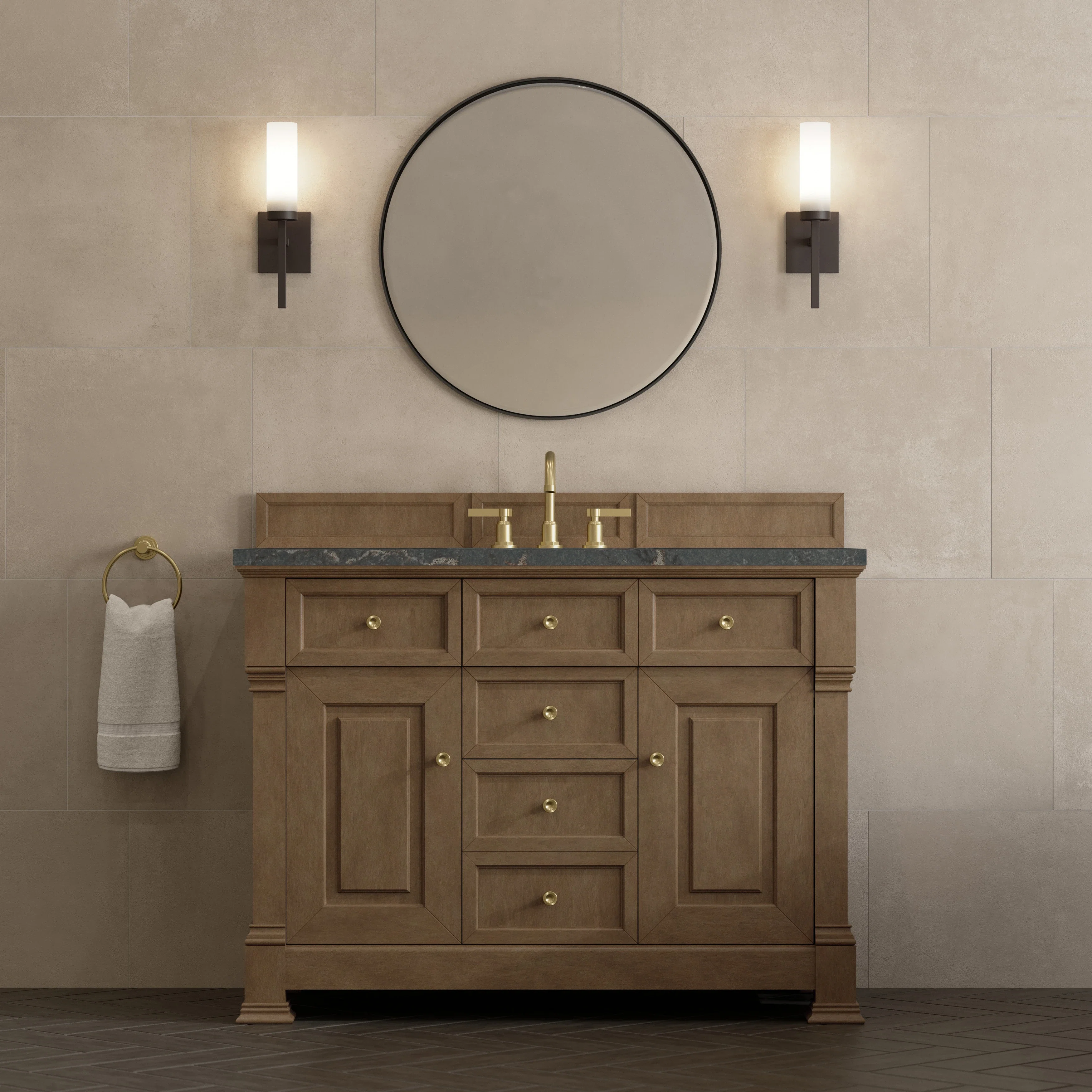Brookfield 48" Single Vanity, Pecan w/ 3 CM Parisien Bleu Silestone Top w/ FreePower Wireless Charger