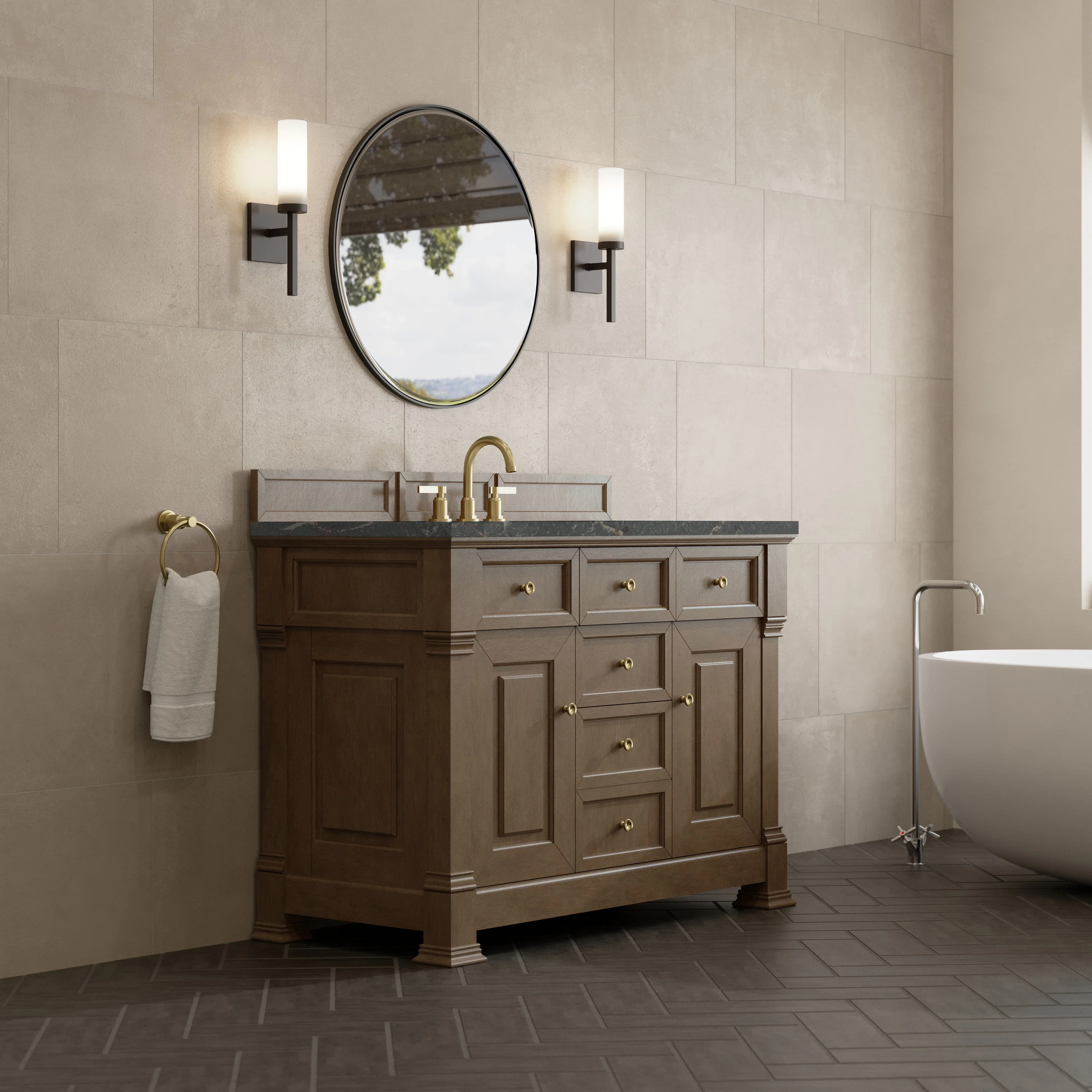 Brookfield 48" Single Vanity, Pecan w/ 3 CM Parisien Bleu Silestone Top w/ FreePower Wireless Charger
