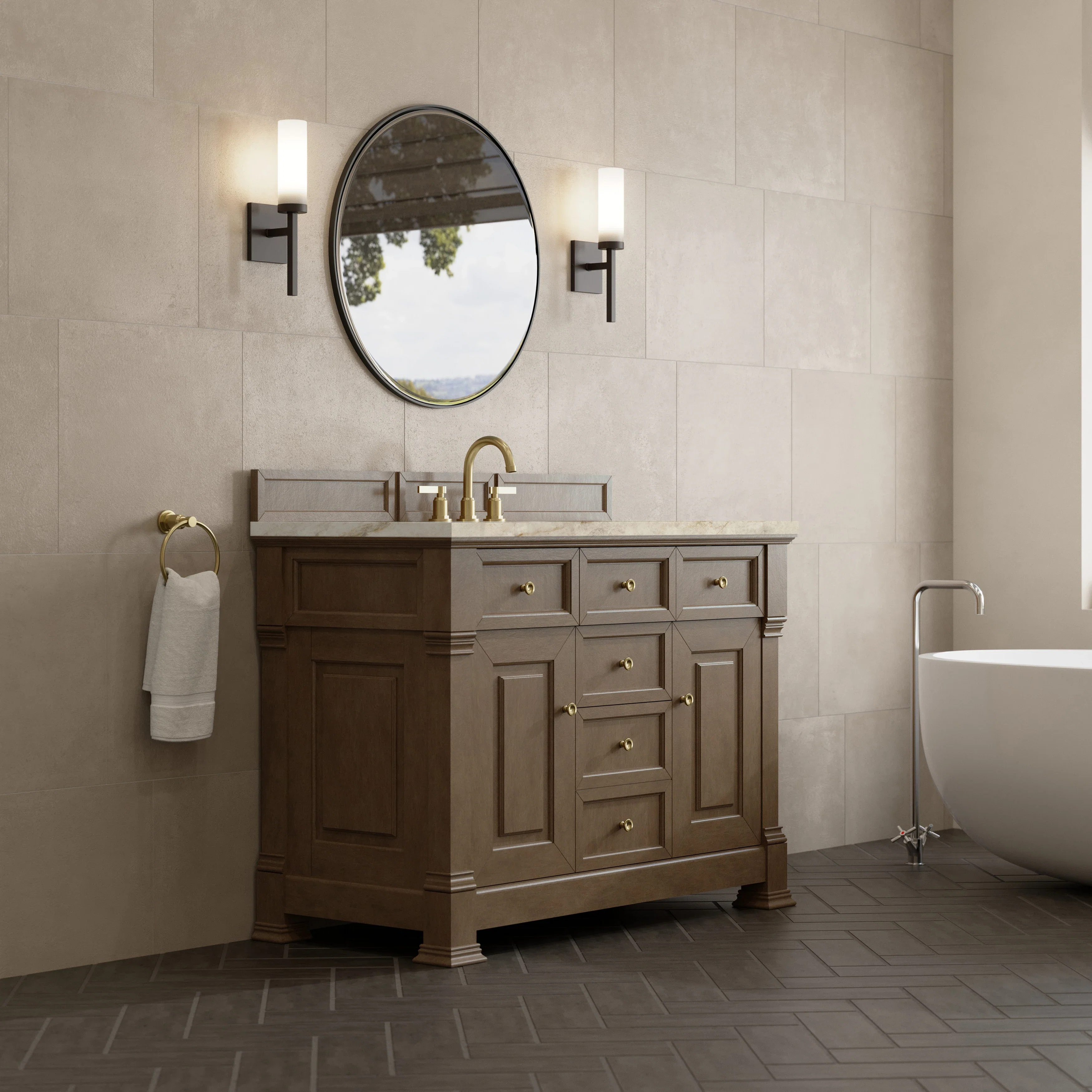 Brookfield 48" Single Vanity, Pecan, w/ 3 CM Tajnar Eclos Top w/FreePower Wireless Charger
