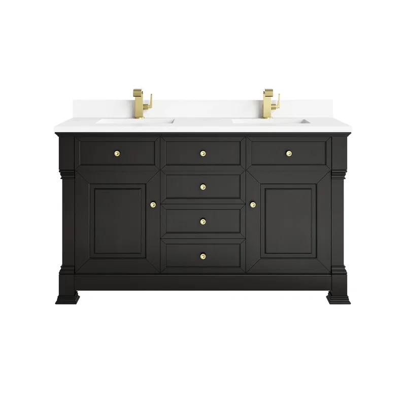 Brookfield 60" Double Vanity, Black Onyx w/ Single Hole 3CM White Zeus Silestone Top & Backsplash