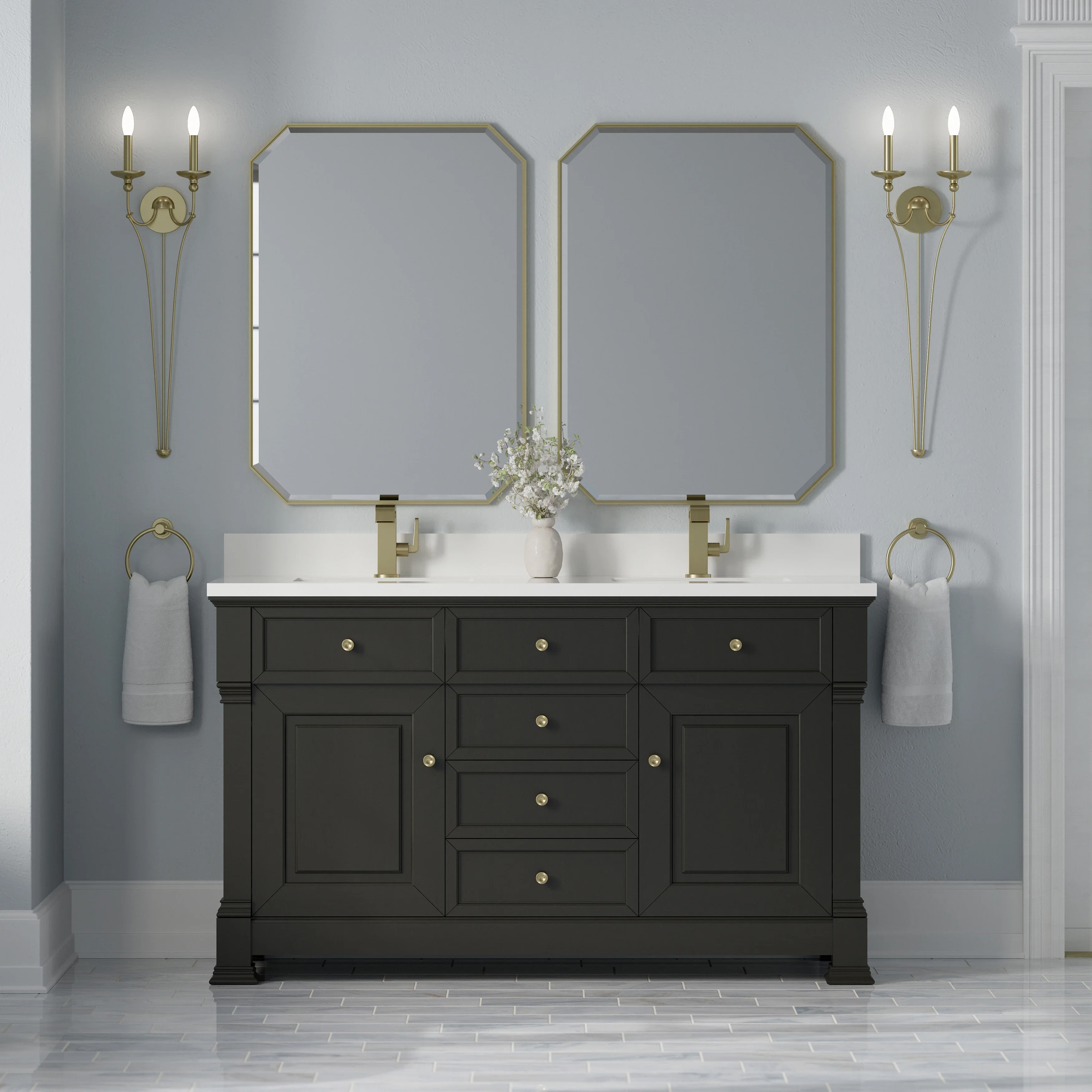 Brookfield 60" Double Vanity, Black Onyx w/ Single Hole 3CM White Zeus Silestone Top & Backsplash
