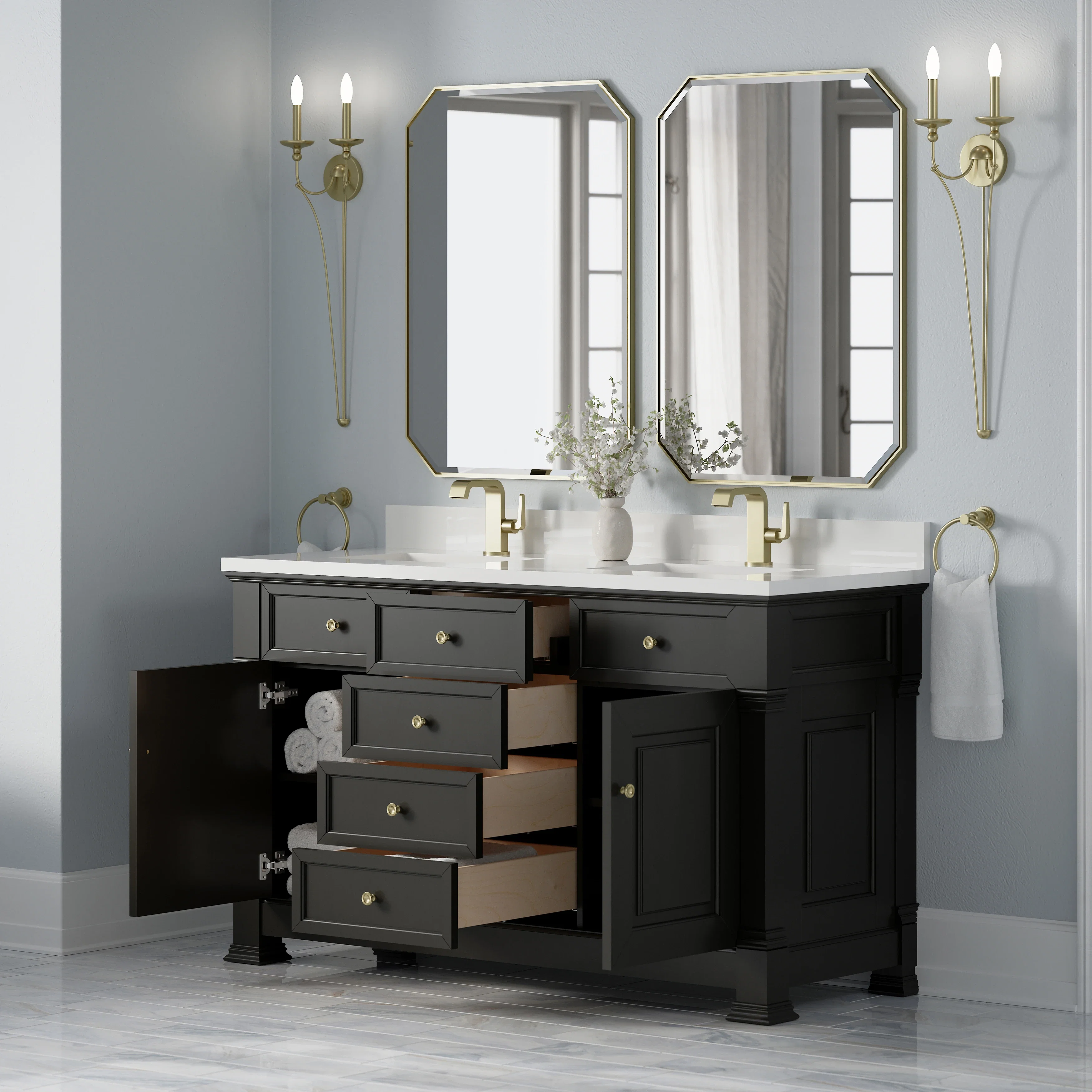 Brookfield 60" Double Vanity, Black Onyx w/ Single Hole 3CM White Zeus Silestone Top & Backsplash