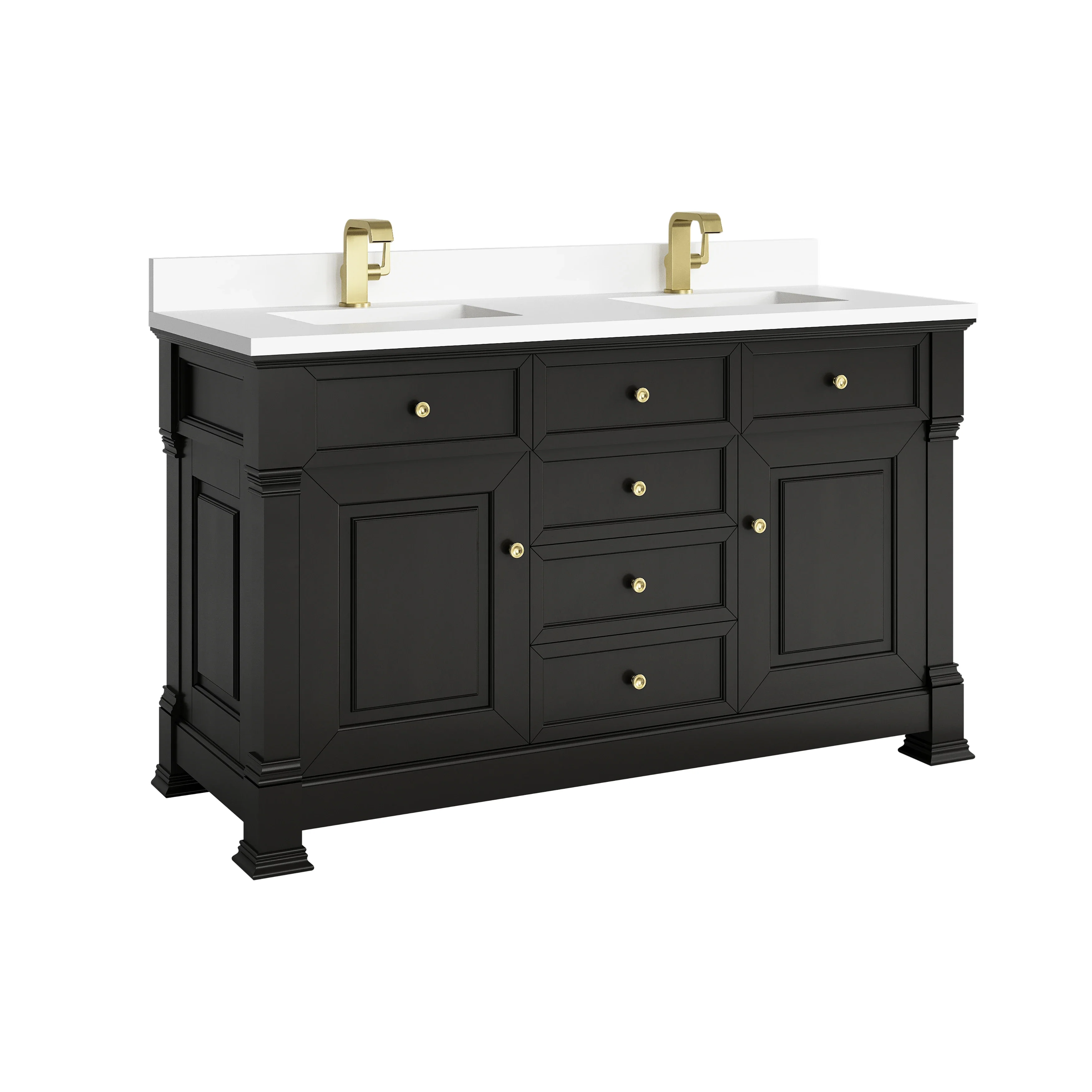 Brookfield 60" Double Vanity, Black Onyx w/ Single Hole 3CM White Zeus Silestone Top & Backsplash