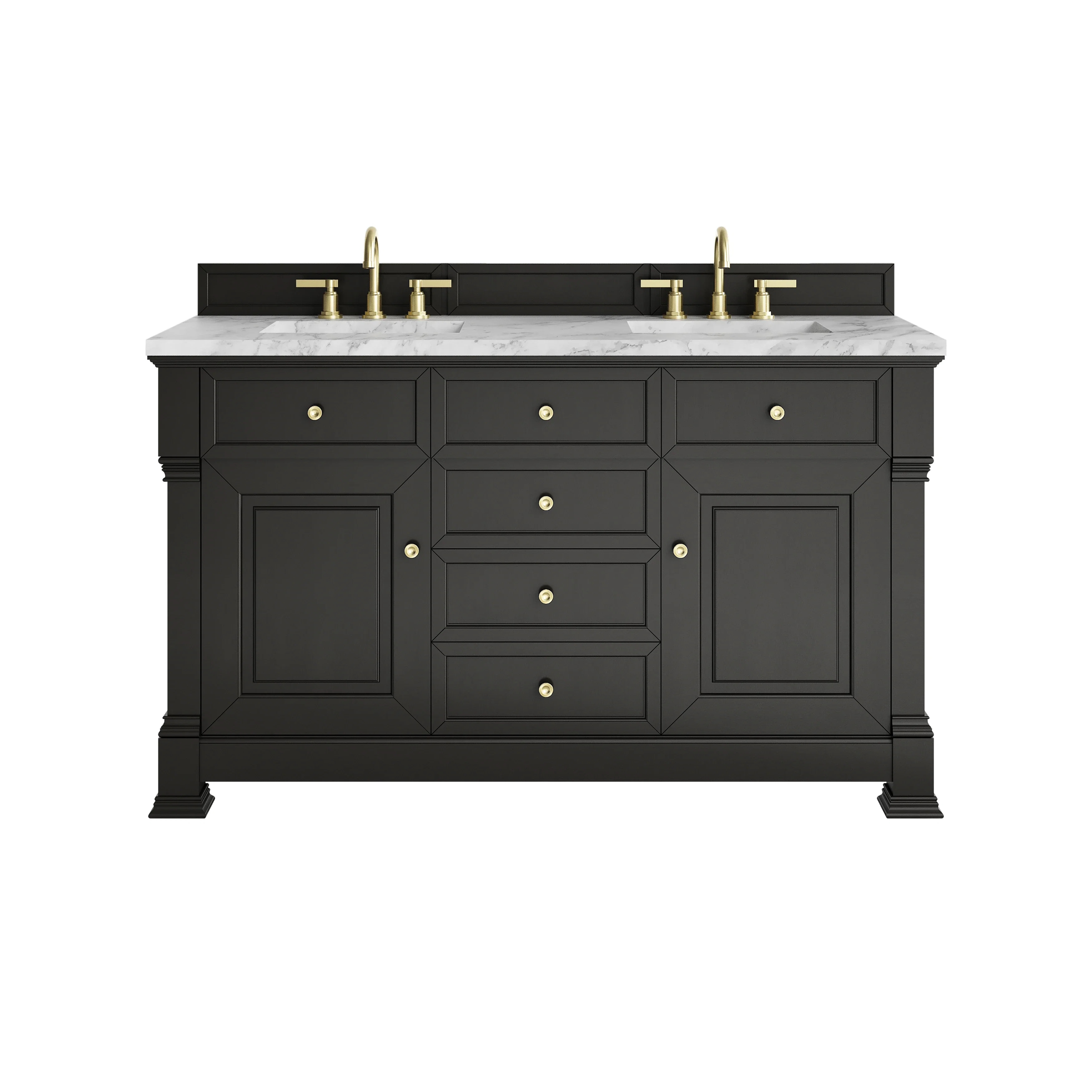 Brookfield 60" Double Vanity, Black Onyx w/3 CM Carrara White Marble Top