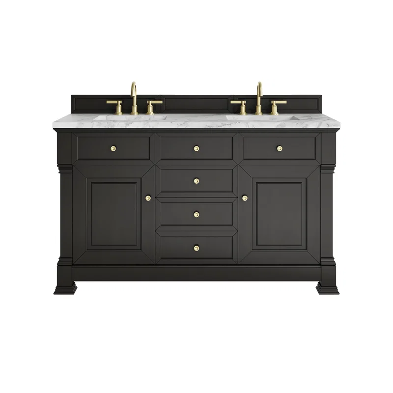 Brookfield 60" Double Vanity, Black Onyx w/3 CM Carrara White Marble Top