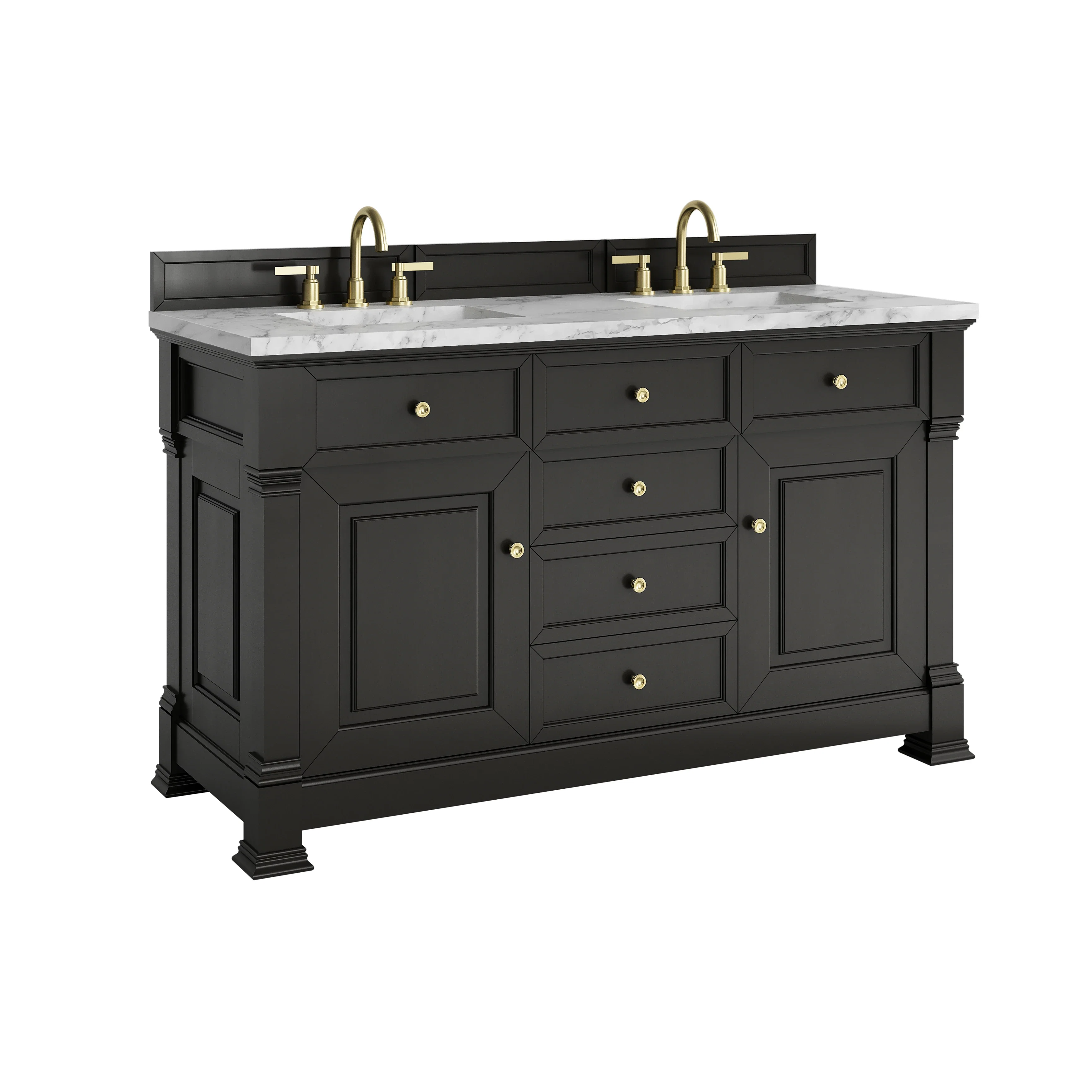 Brookfield 60" Double Vanity, Black Onyx w/3 CM Carrara White Marble Top