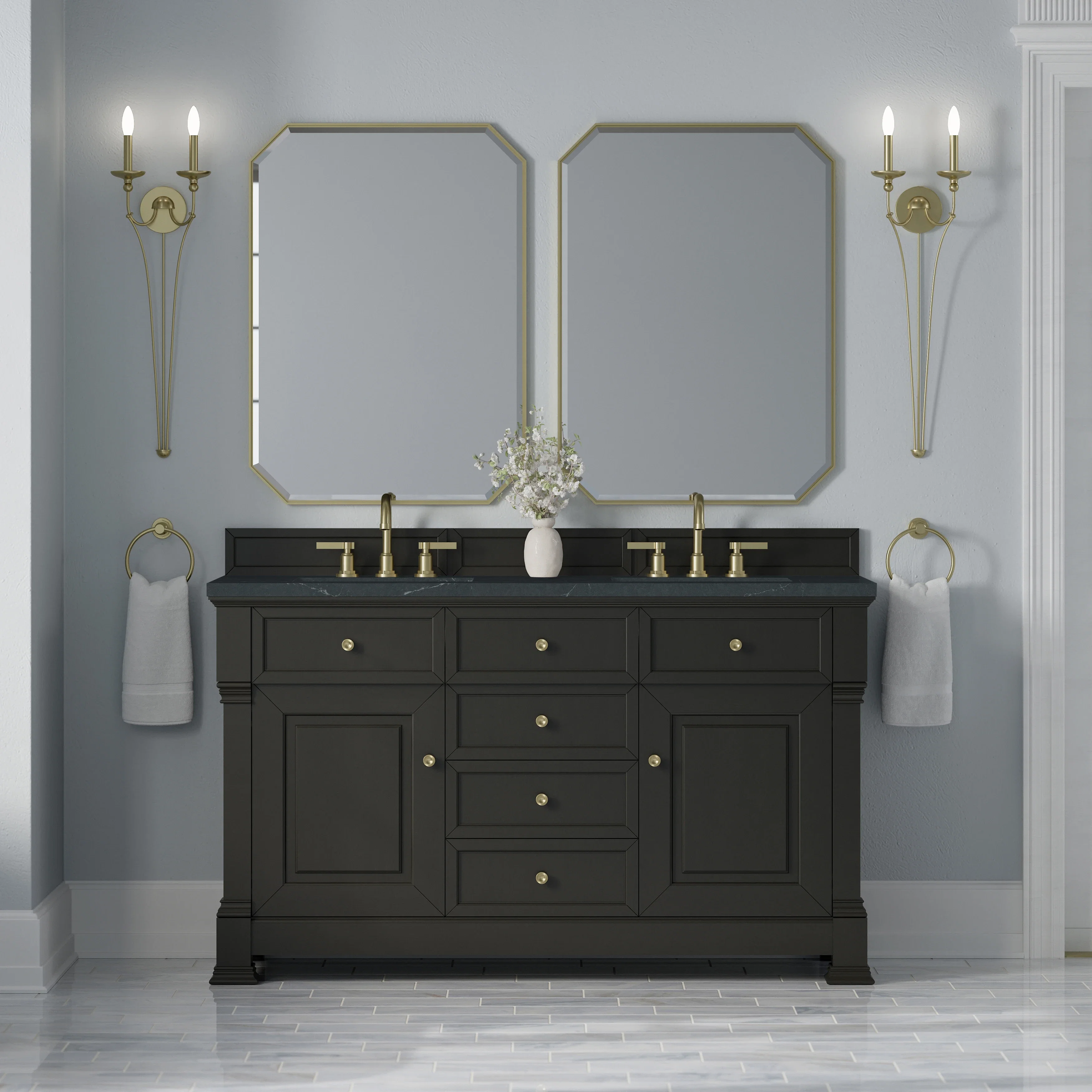 Brookfield 60" Double Vanity, Black Onyx w/3 CM Charcoal Soapstone Silestone Top