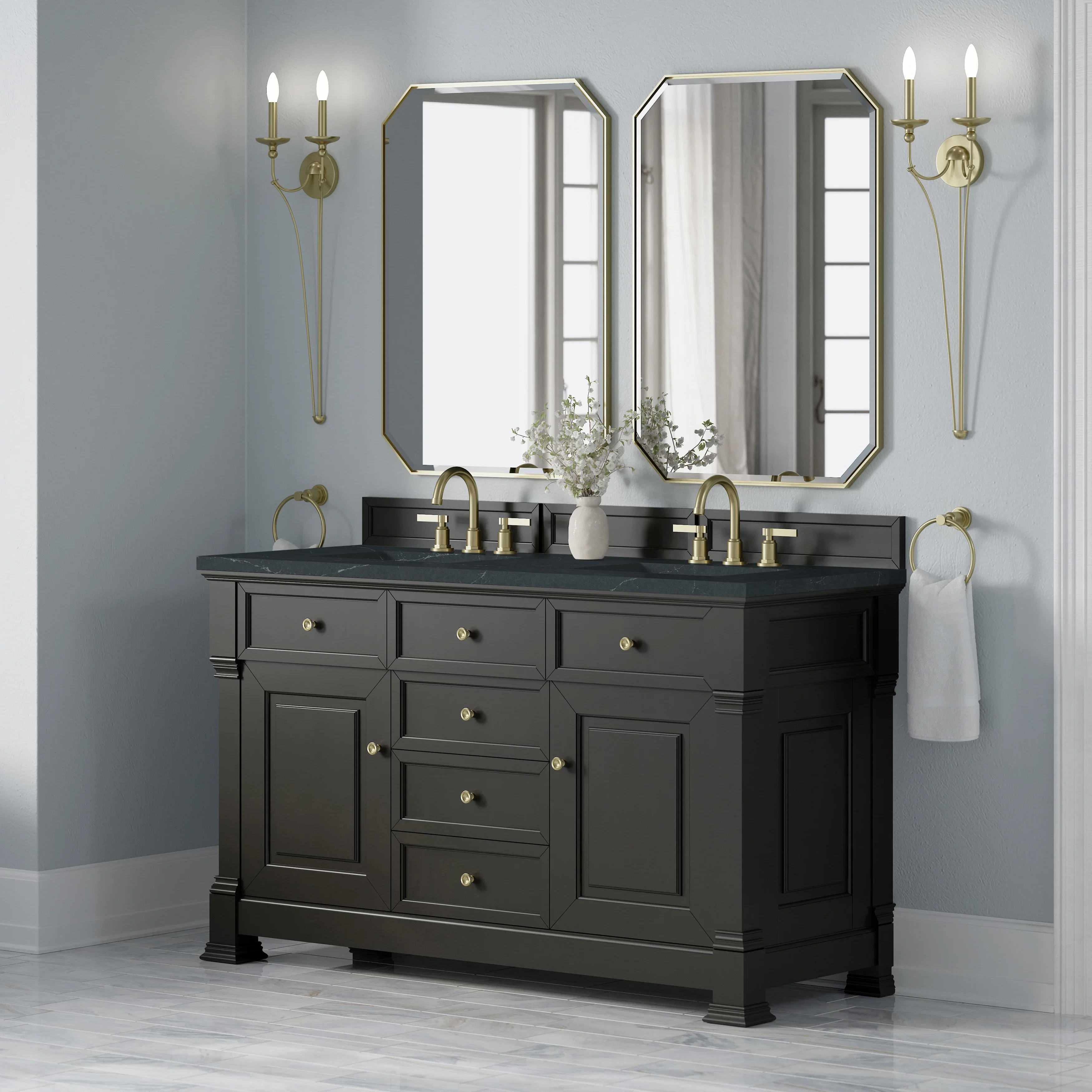 Brookfield 60" Double Vanity, Black Onyx w/3 CM Charcoal Soapstone Silestone Top