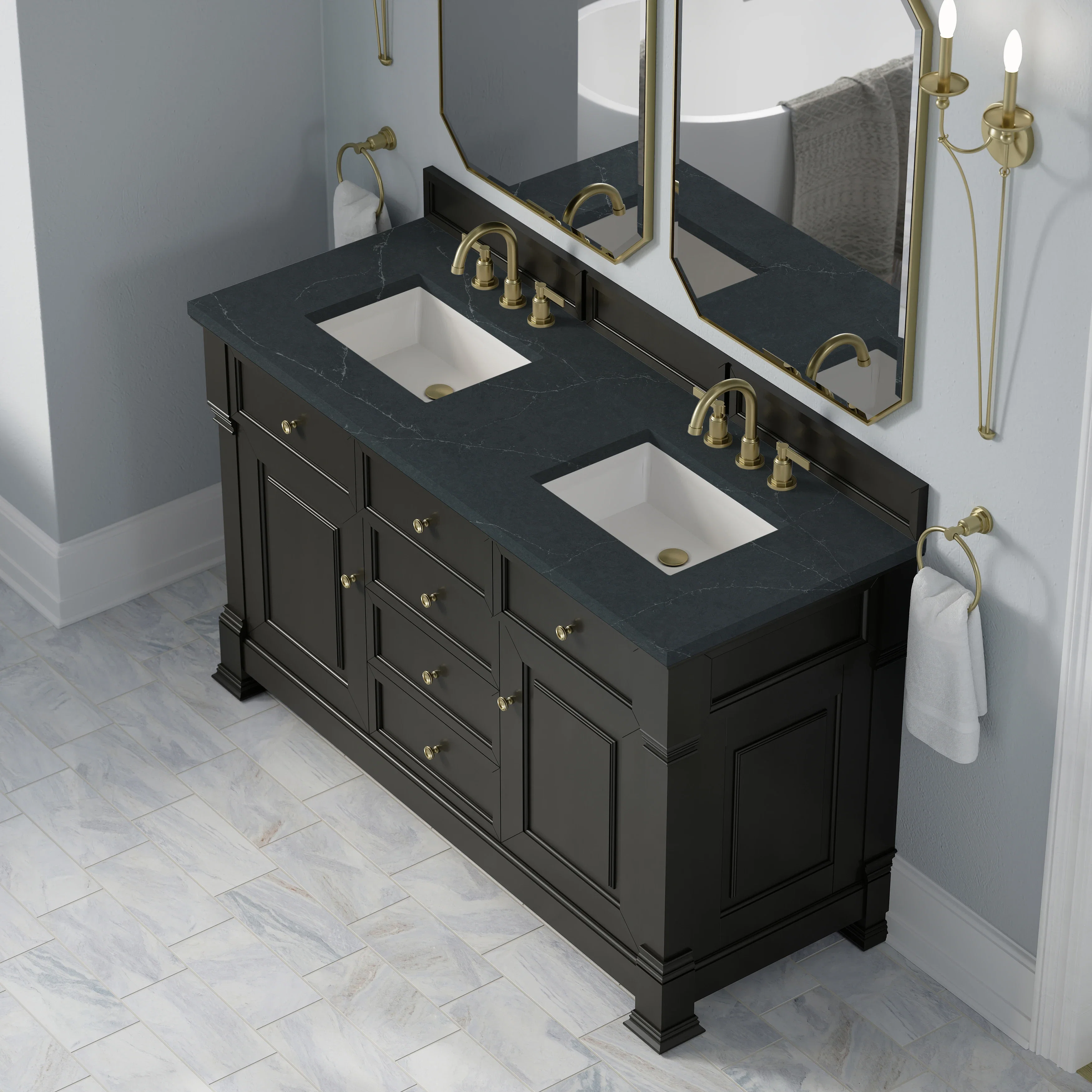 Brookfield 60" Double Vanity, Black Onyx w/3 CM Charcoal Soapstone Silestone Top