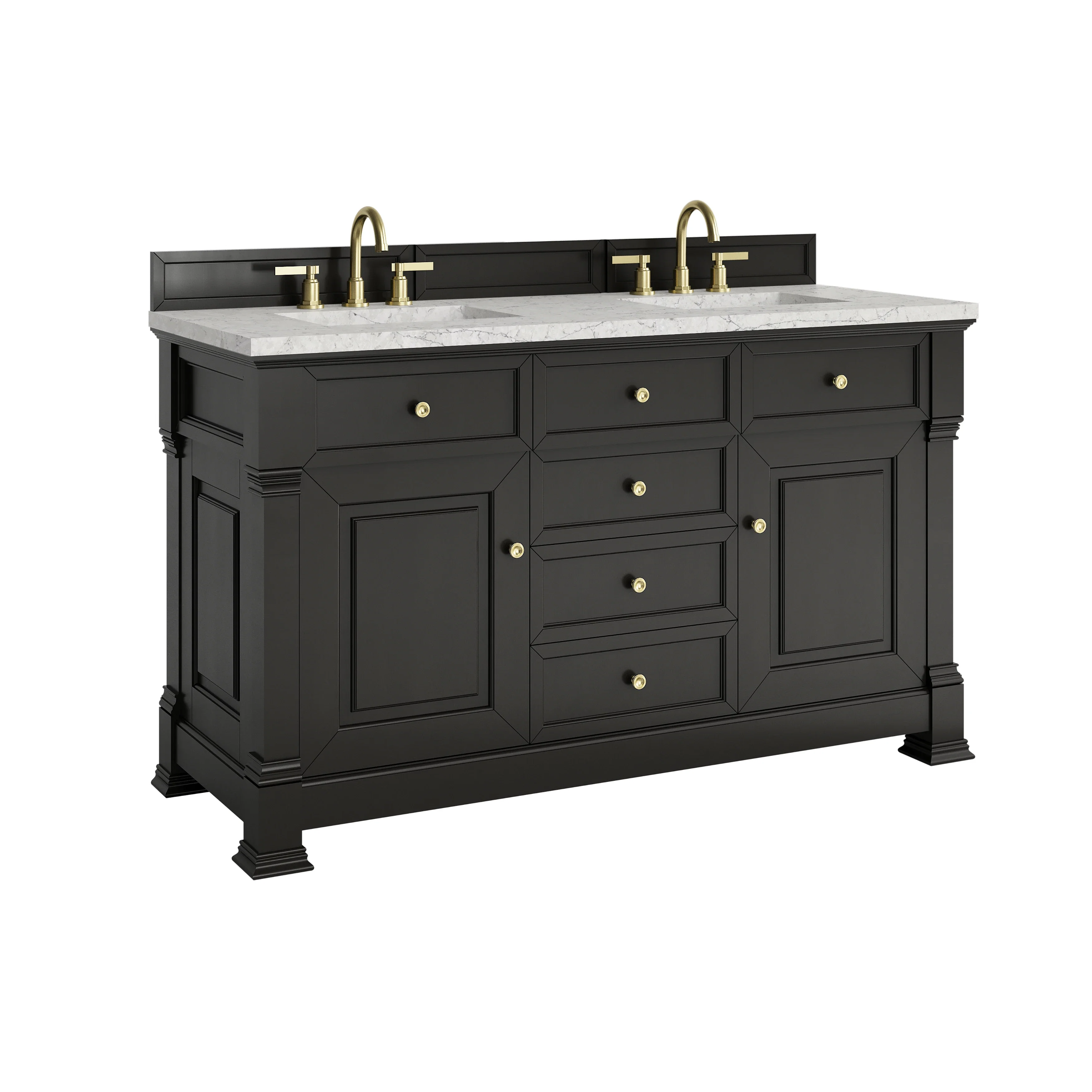 Brookfield 60" Double Vanity, Black Onyx w/3 CM Eternal Jasmine Pearl Silestone Top