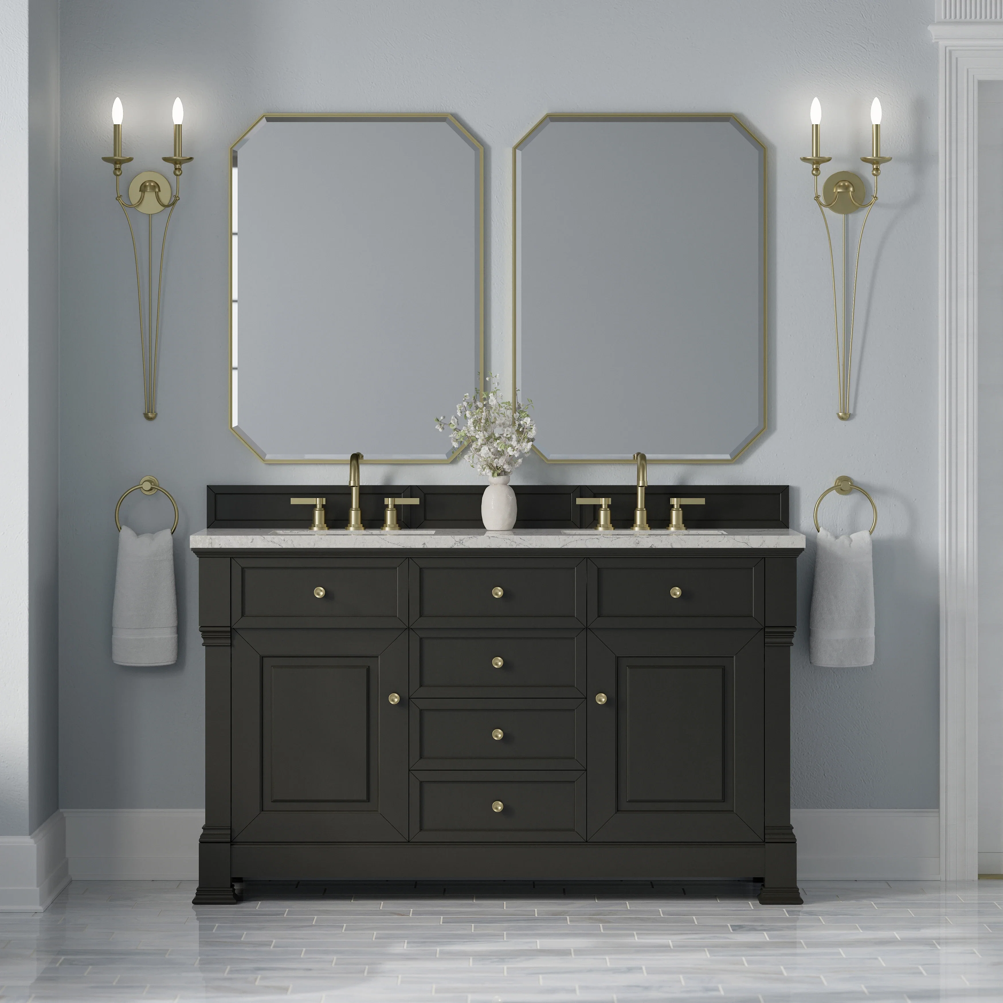 Brookfield 60" Double Vanity, Black Onyx w/3 CM Eternal Jasmine Pearl Silestone Top