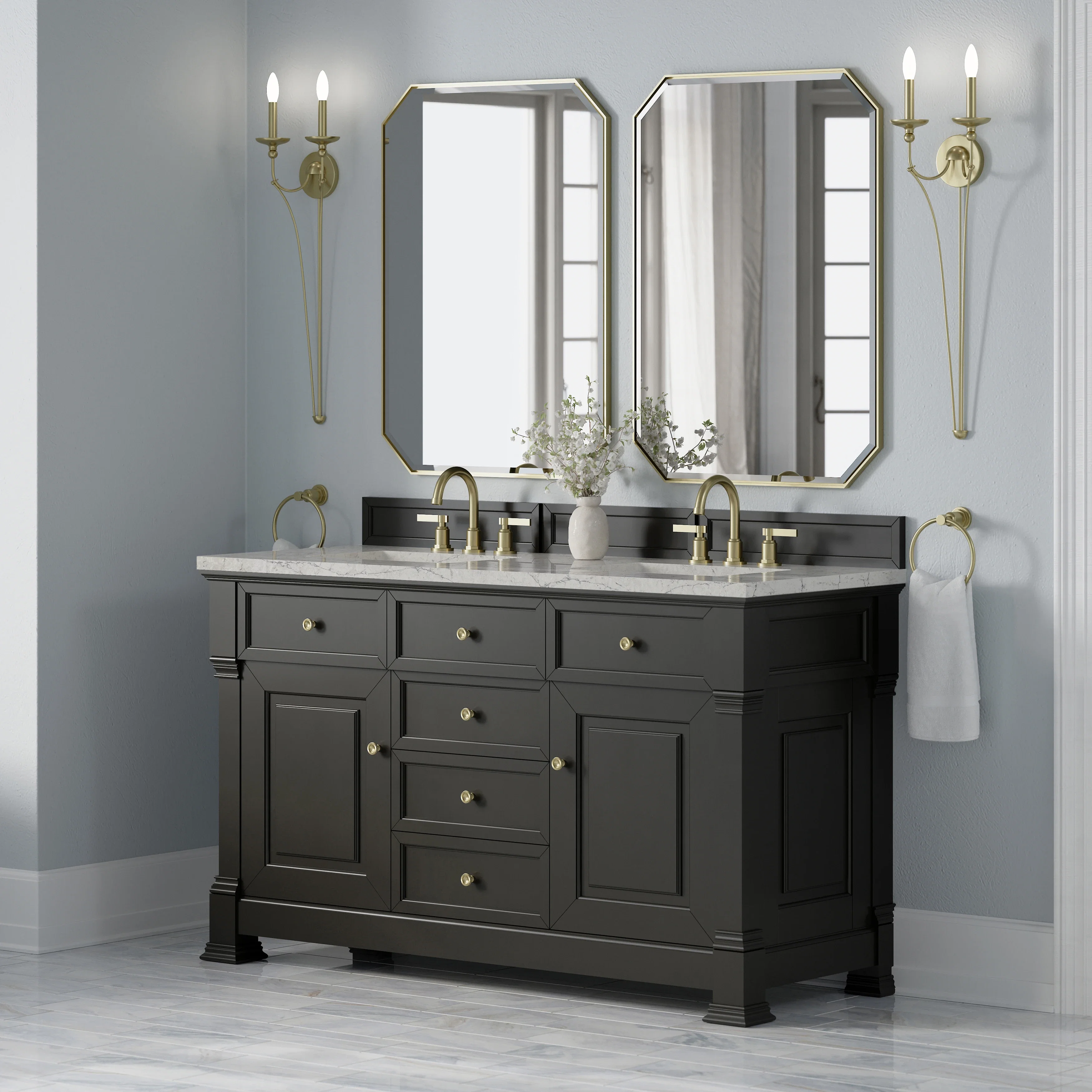 Brookfield 60" Double Vanity, Black Onyx w/3 CM Eternal Jasmine Pearl Silestone Top