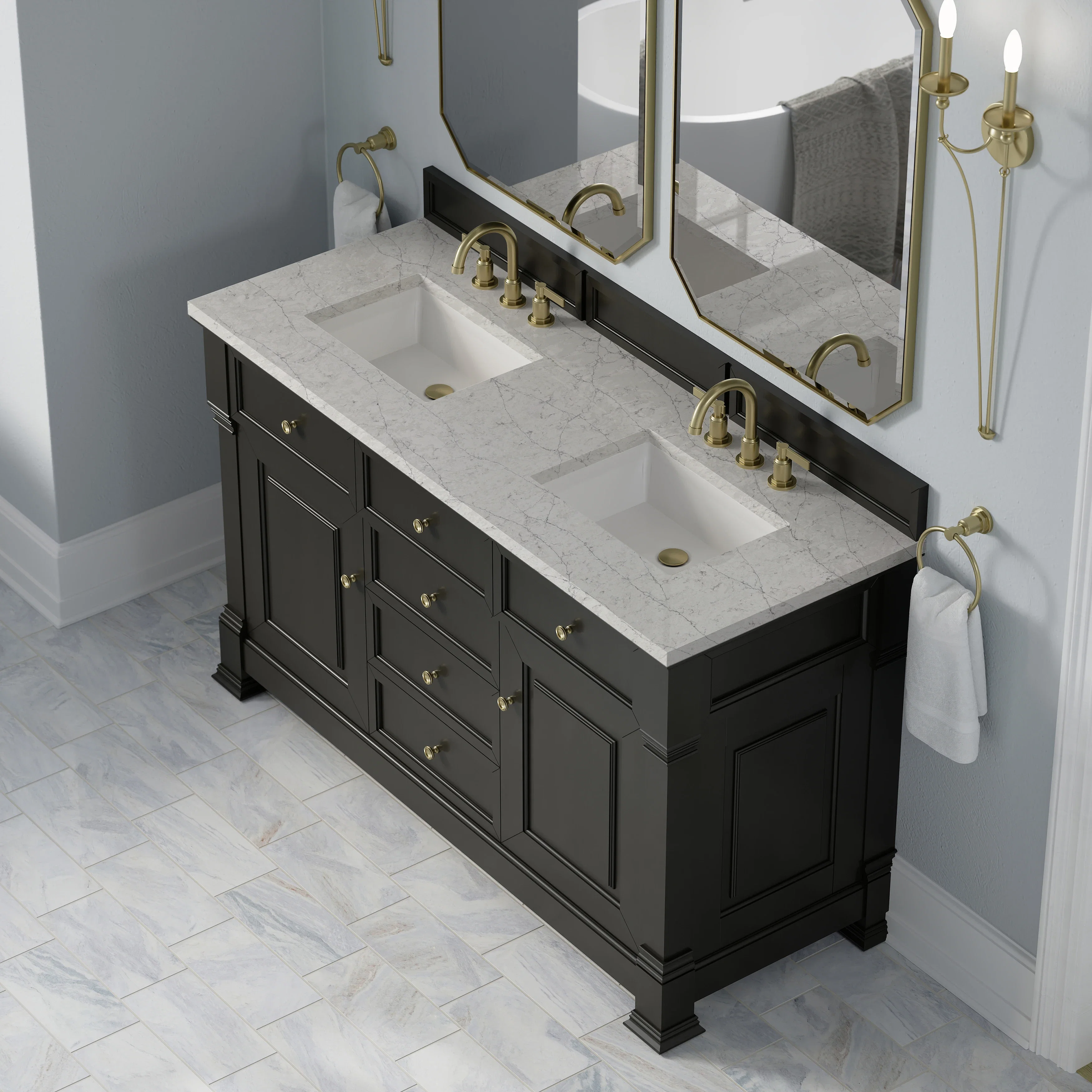 Brookfield 60" Double Vanity, Black Onyx w/3 CM Eternal Jasmine Pearl Silestone Top