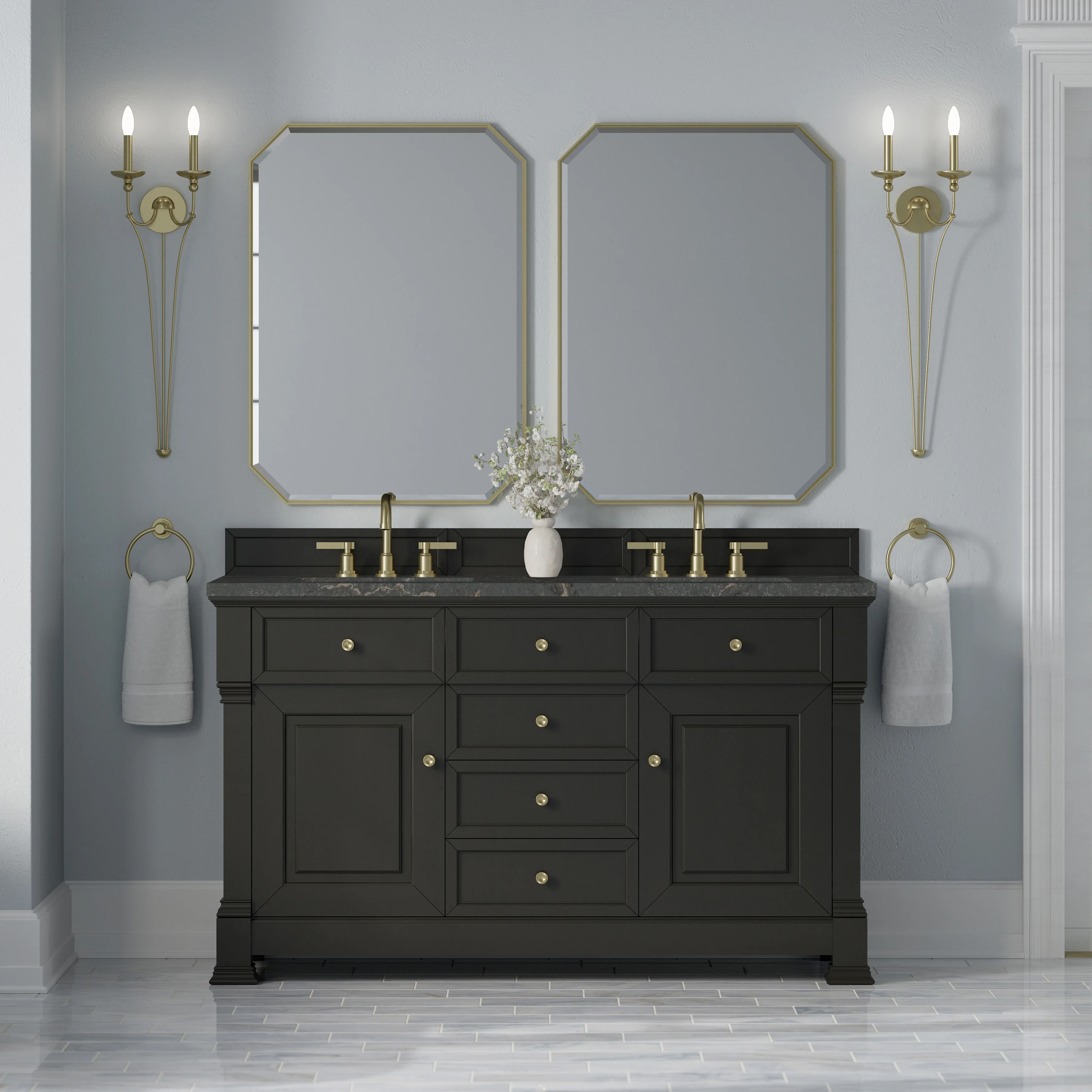 Brookfield 60" Double Vanity, Black Onyx w/ 3 CM Parisien Bleu Silestone Top