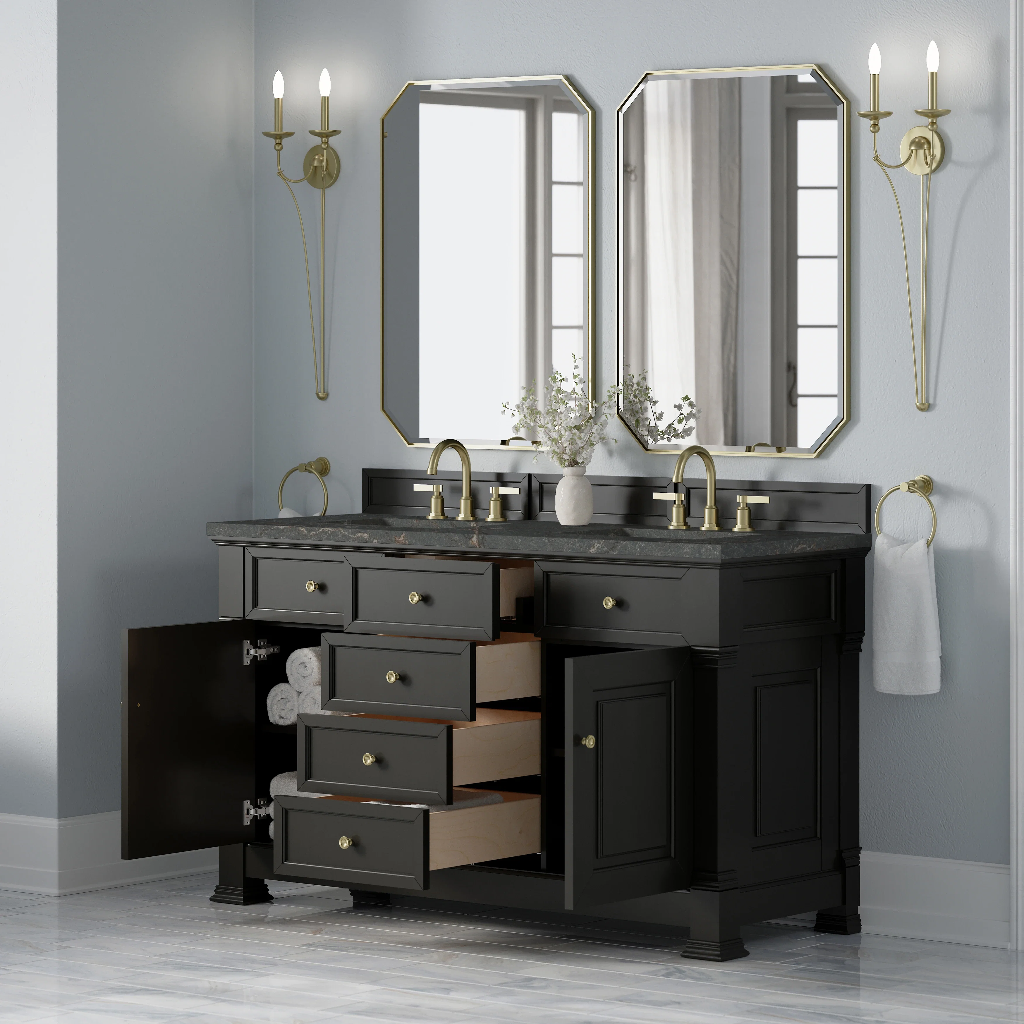 Brookfield 60" Double Vanity, Black Onyx w/ 3 CM Parisien Bleu Silestone Top
