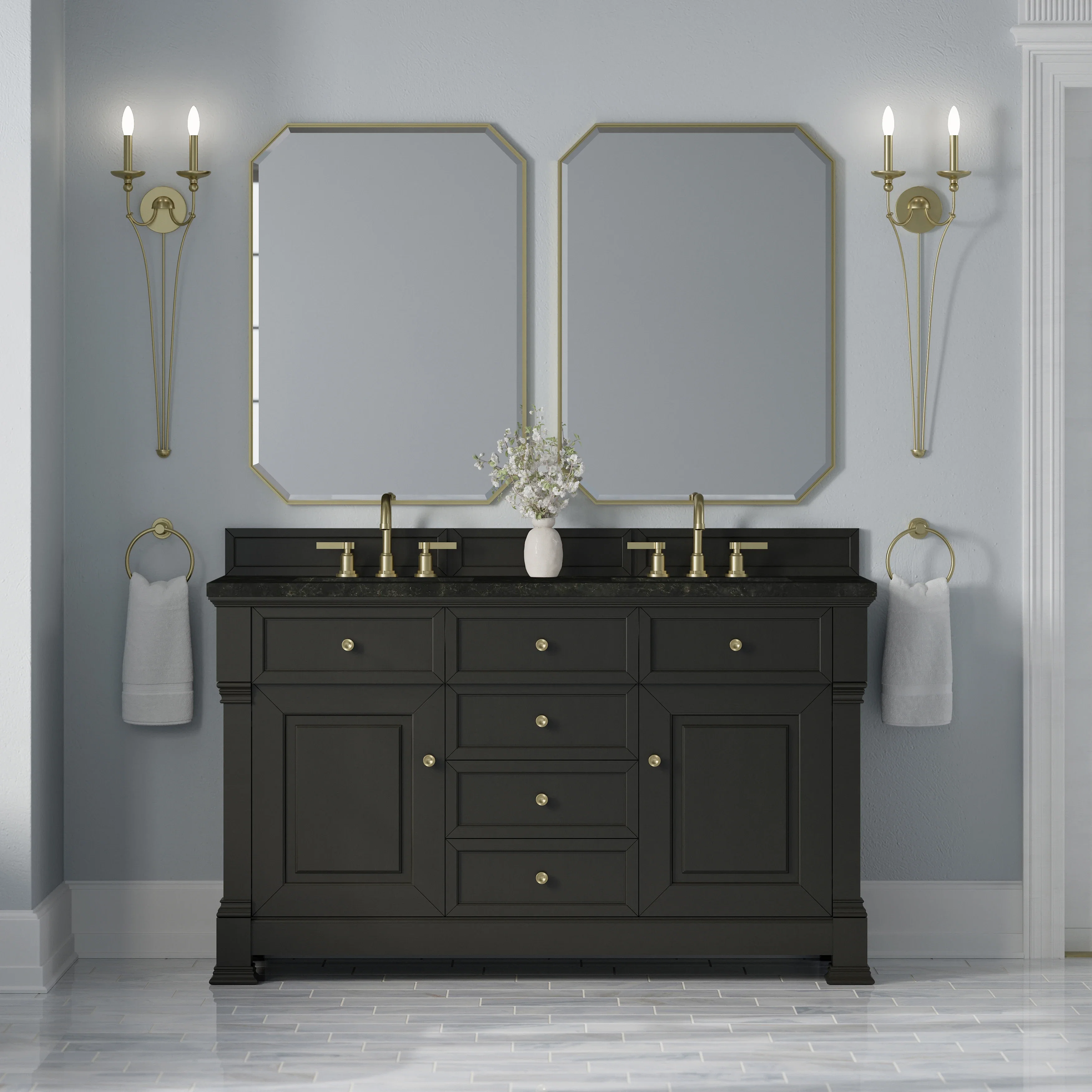 Brookfield 60" Double Vanity, Black Onyx, w/ 3 CM Phantome Eclos Top