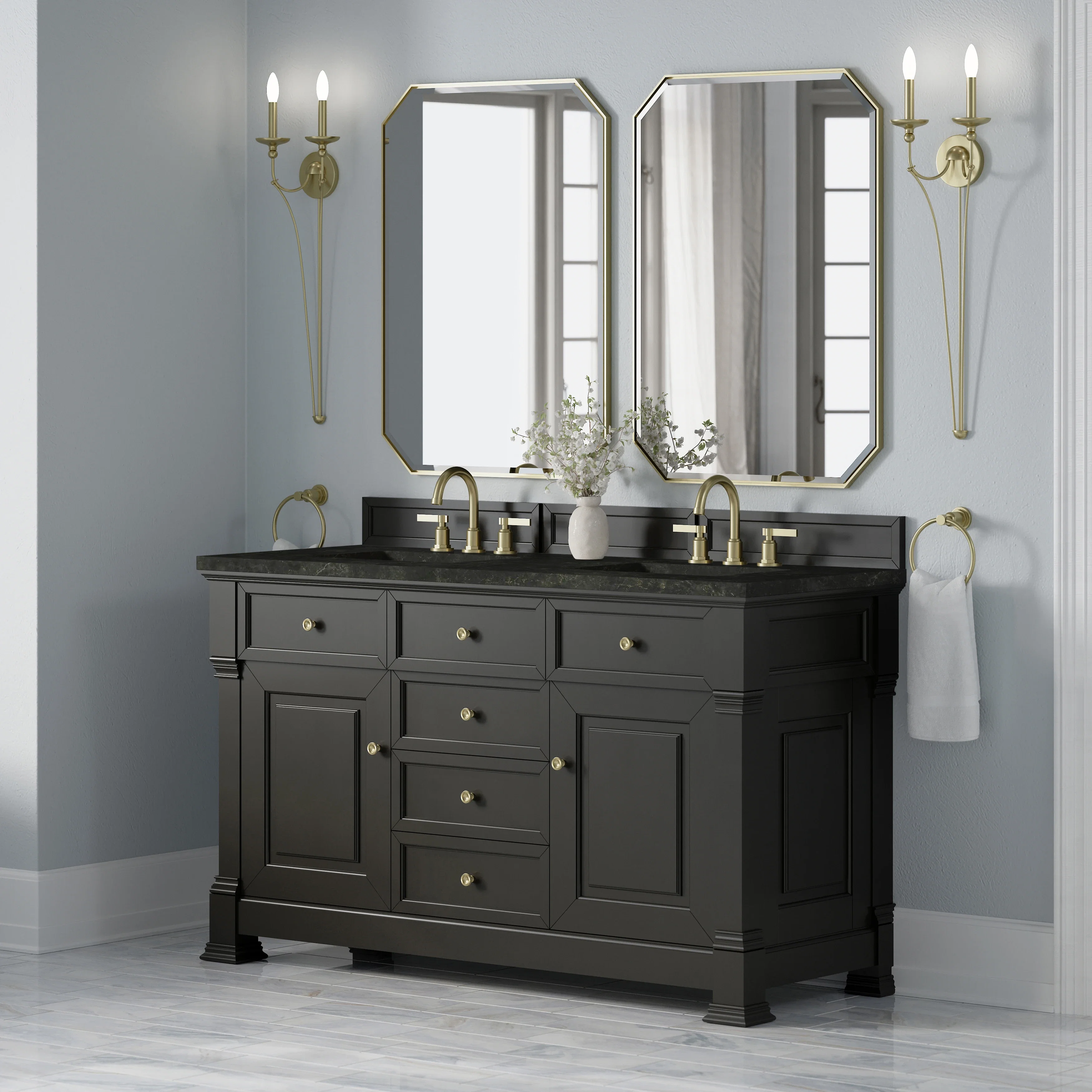 Brookfield 60" Double Vanity, Black Onyx, w/ 3 CM Phantome Eclos Top