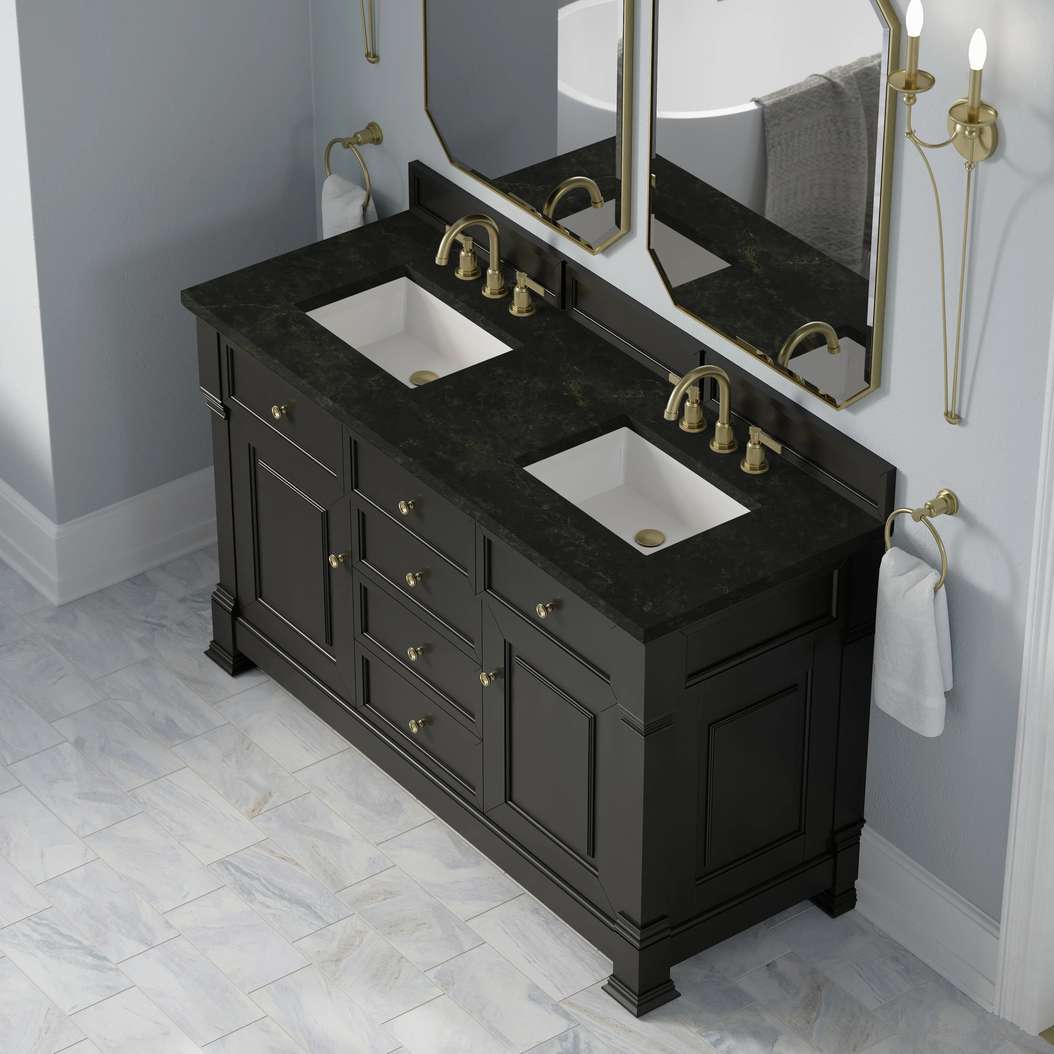 Brookfield 60" Double Vanity, Black Onyx, w/ 3 CM Phantome Eclos Top
