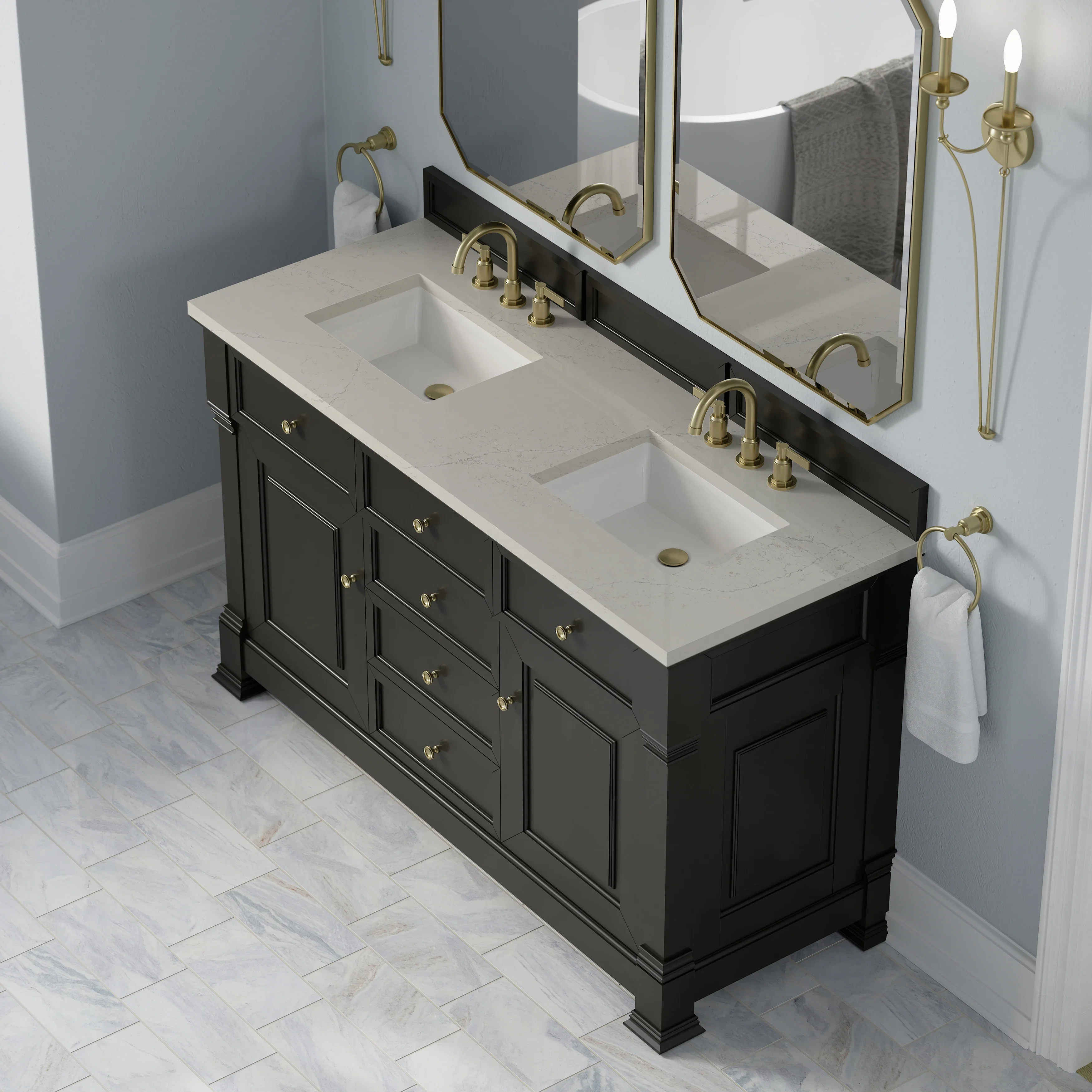 Brookfield 60" Double Vanity, Black Onyx, w/ 3 CM Siberian Silestone Top