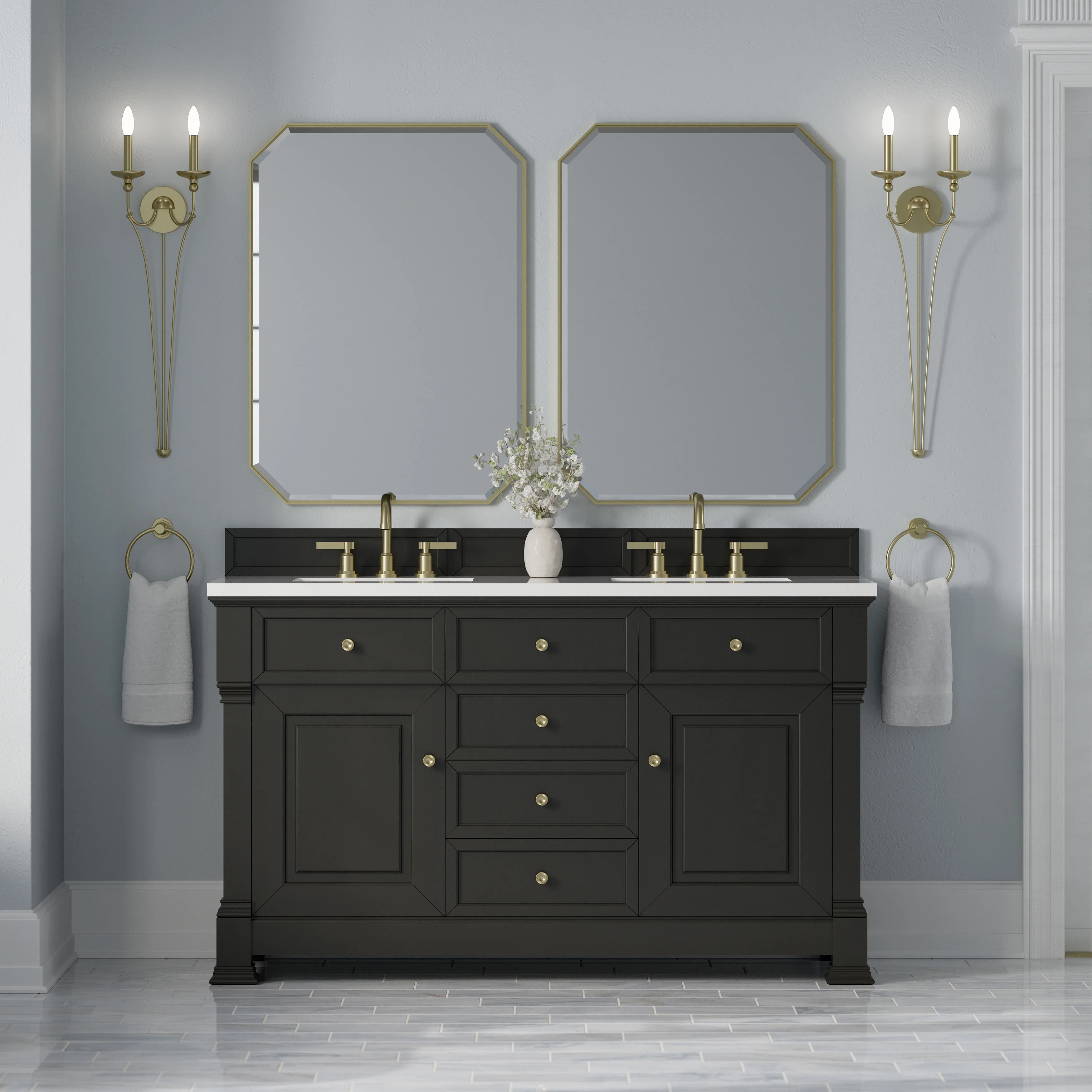 Brookfield 60" Double Vanity, Black Onyx,  w/ 3 CM White Zeus Silestone Top