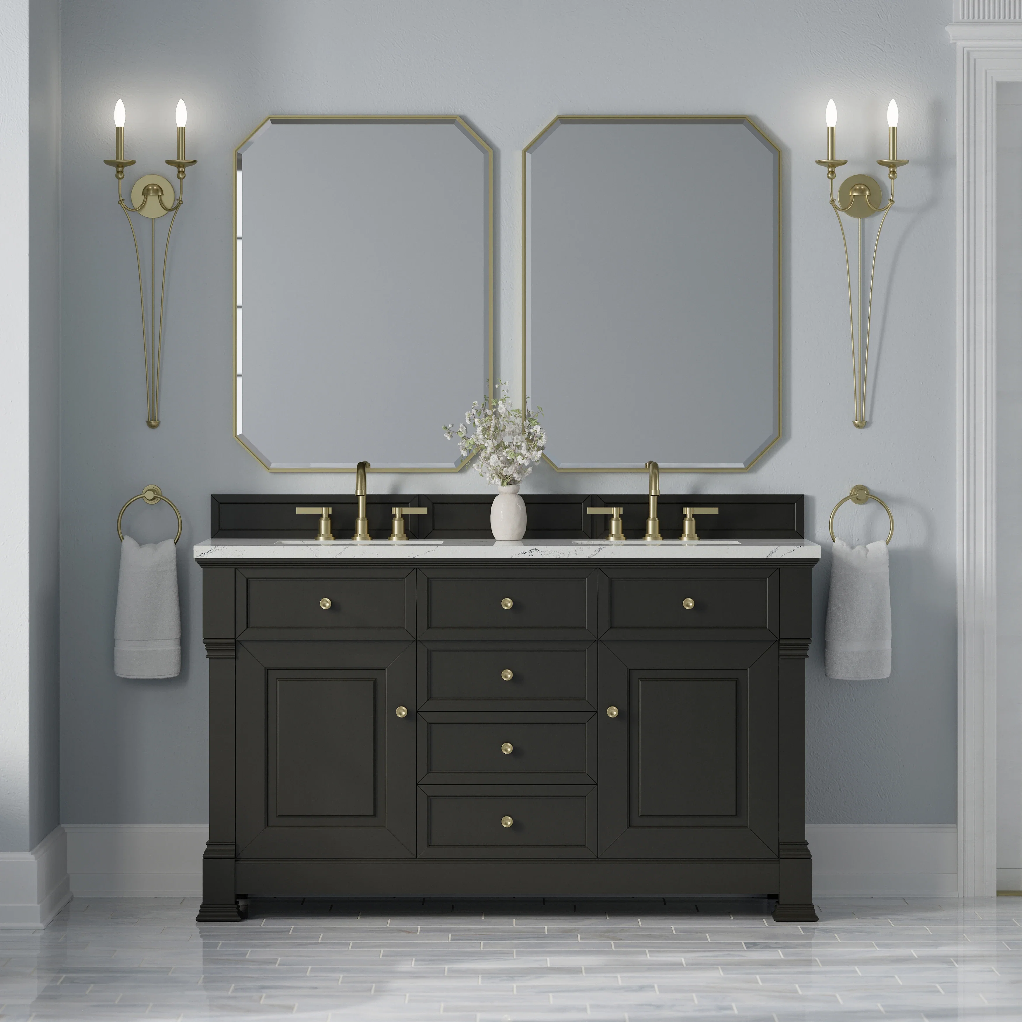Brookfield 60" Double Vanity, Black Onyx w/ 3 CM Ethereal Noctis Silestone Top w/FreePower Wireless Charger