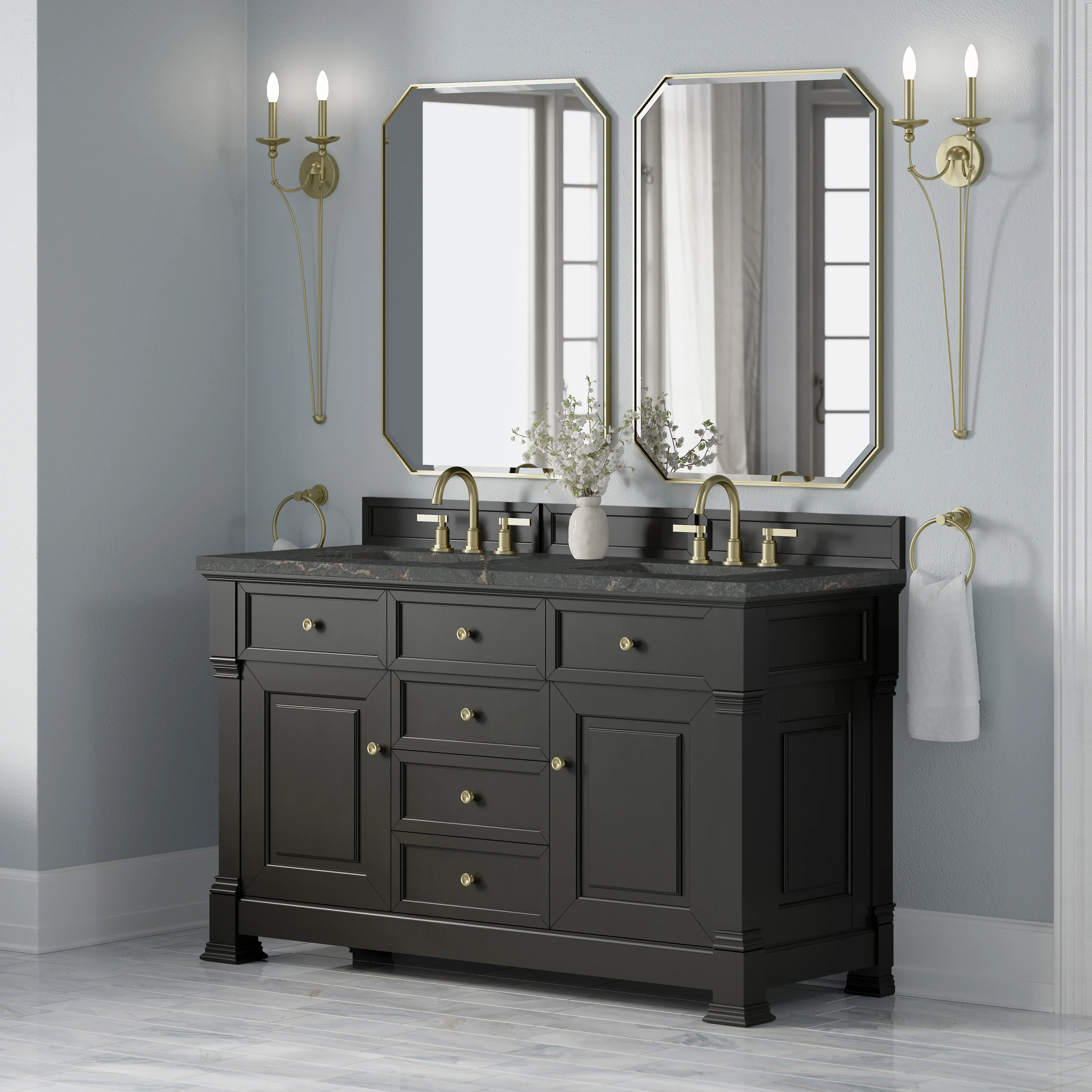 Brookfield 60" Double Vanity, Black Onyx w/ 3 CM Parisien Bleu Silestone Top w/FreePower Wireless Charger
