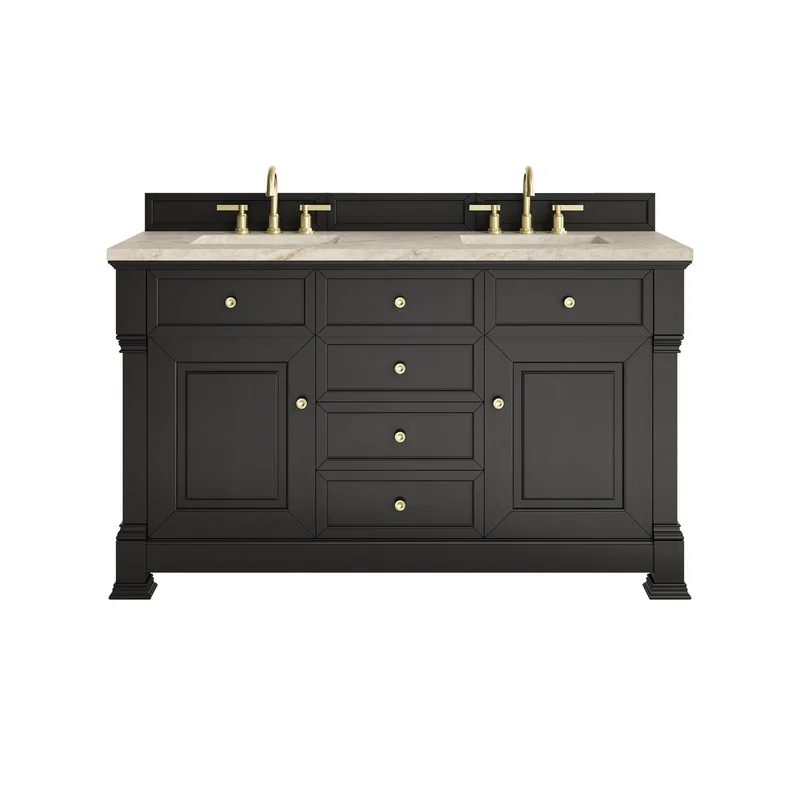 Brookfield 60" Double Vanity, Black Onyx, w/ 3 CM Tajnar Eclos Top w/FreePower Wireless Charger