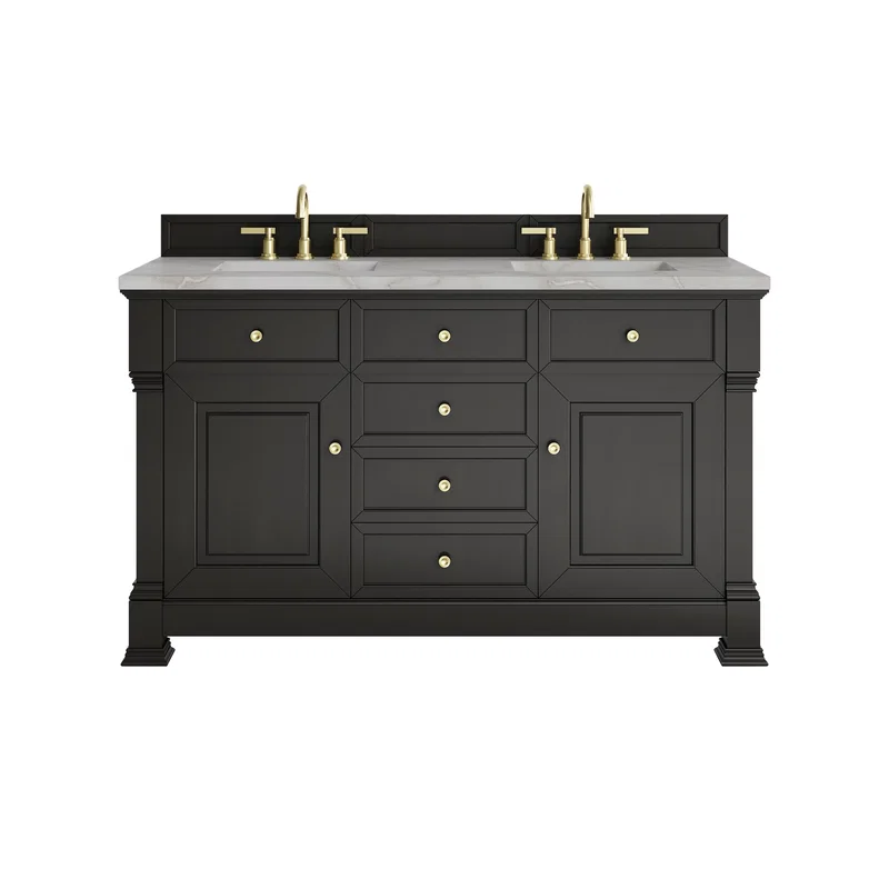 Brookfield 60" Double Vanity, Black Onyx w/ 3 CM Victorian Silver Silestone Top w/FreePower Wireless Charger