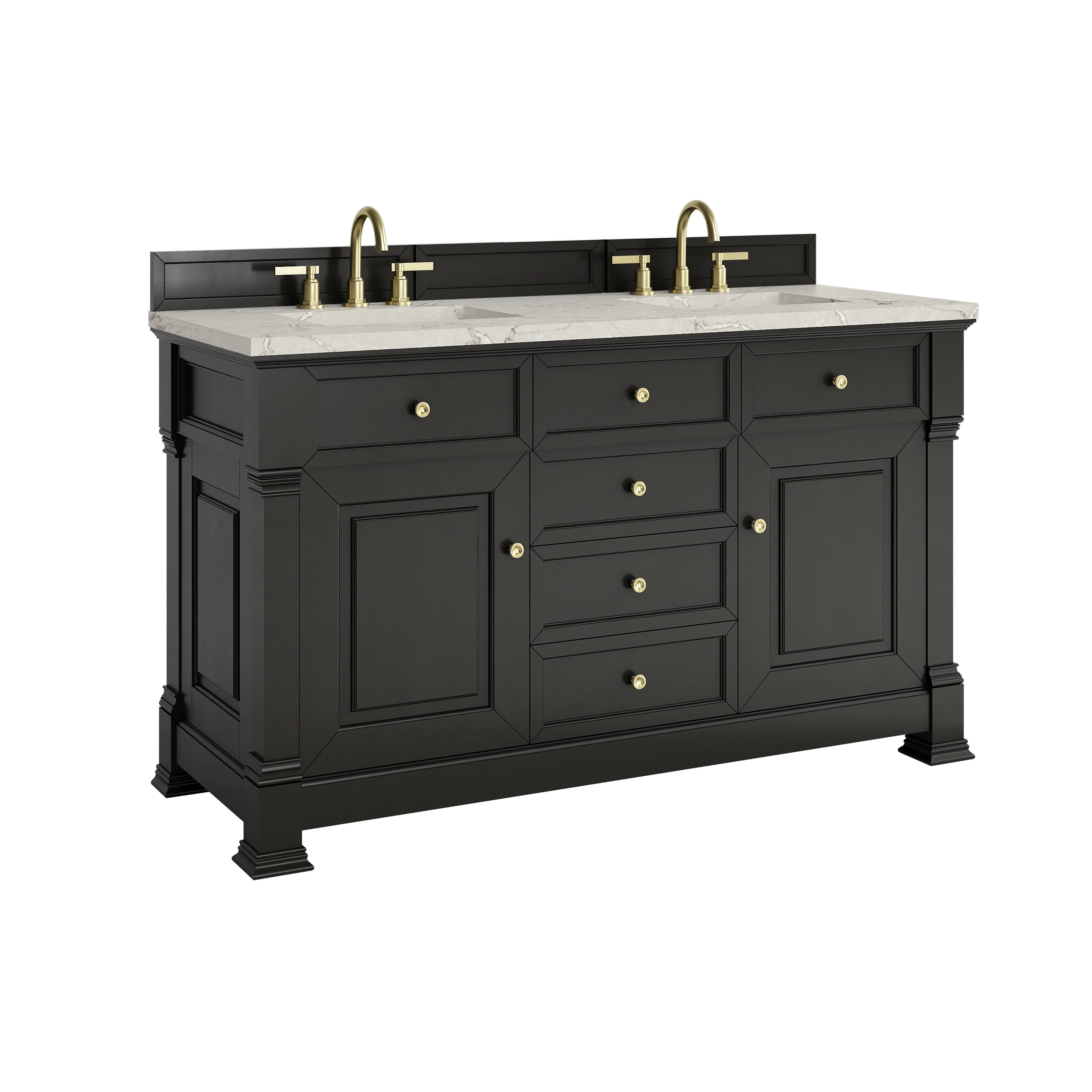 Brookfield 60" Double Vanity, Black Onyx w/ 3 CM Victorian Silver Silestone Top w/FreePower Wireless Charger