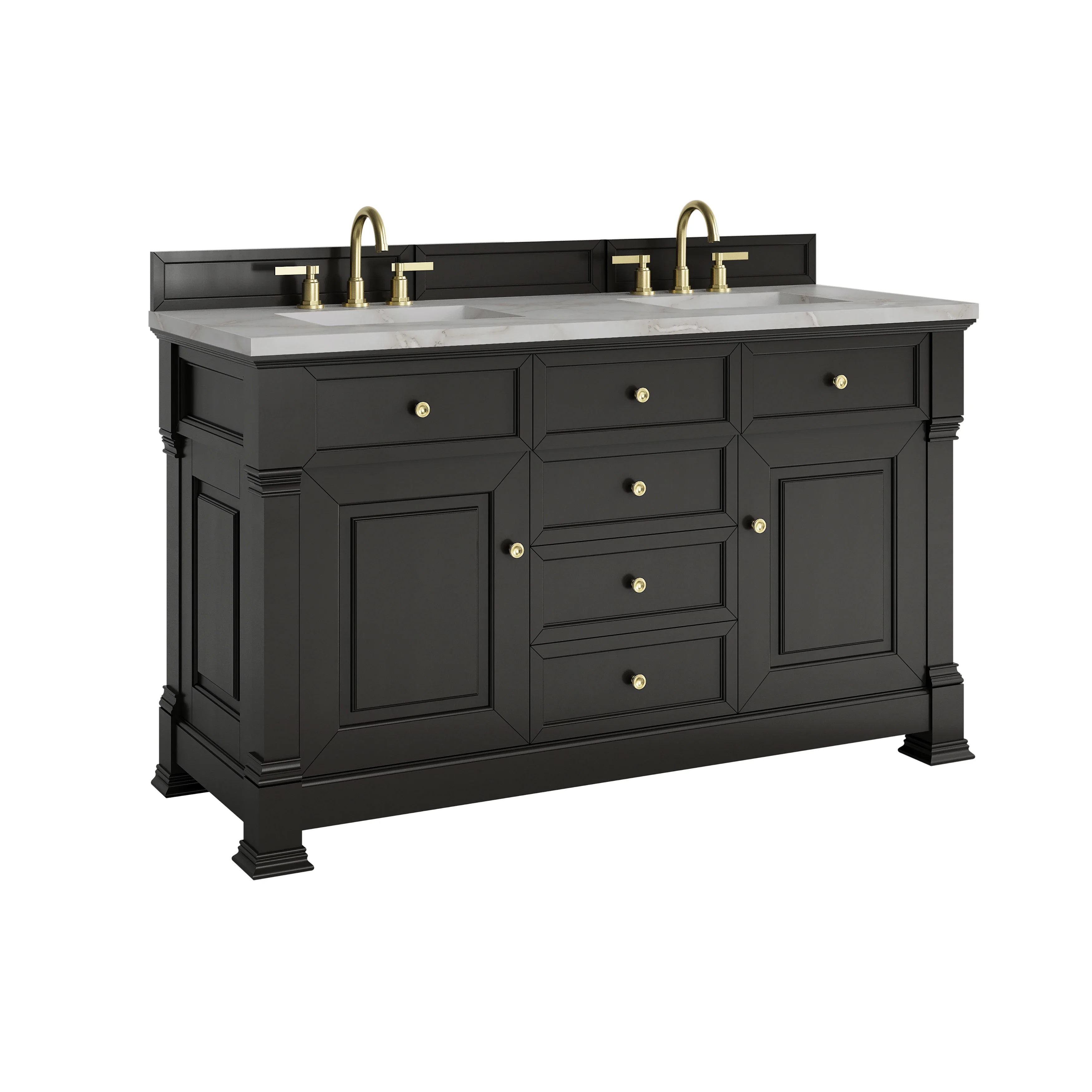 Brookfield 60" Double Vanity, Black Onyx w/ 3 CM Victorian Silver Silestone Top w/FreePower Wireless Charger