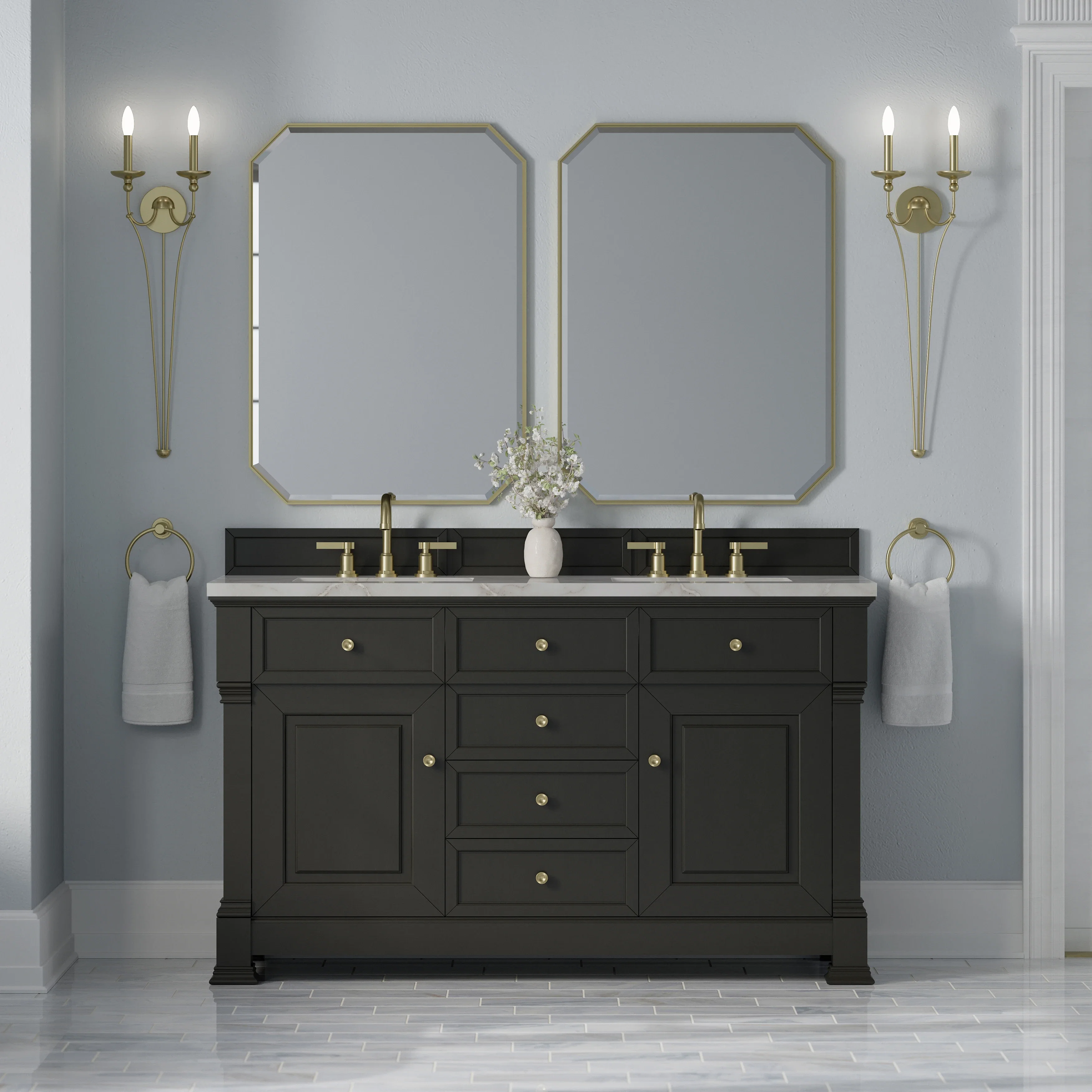 Brookfield 60" Double Vanity, Black Onyx w/ 3 CM Victorian Silver Silestone Top w/FreePower Wireless Charger