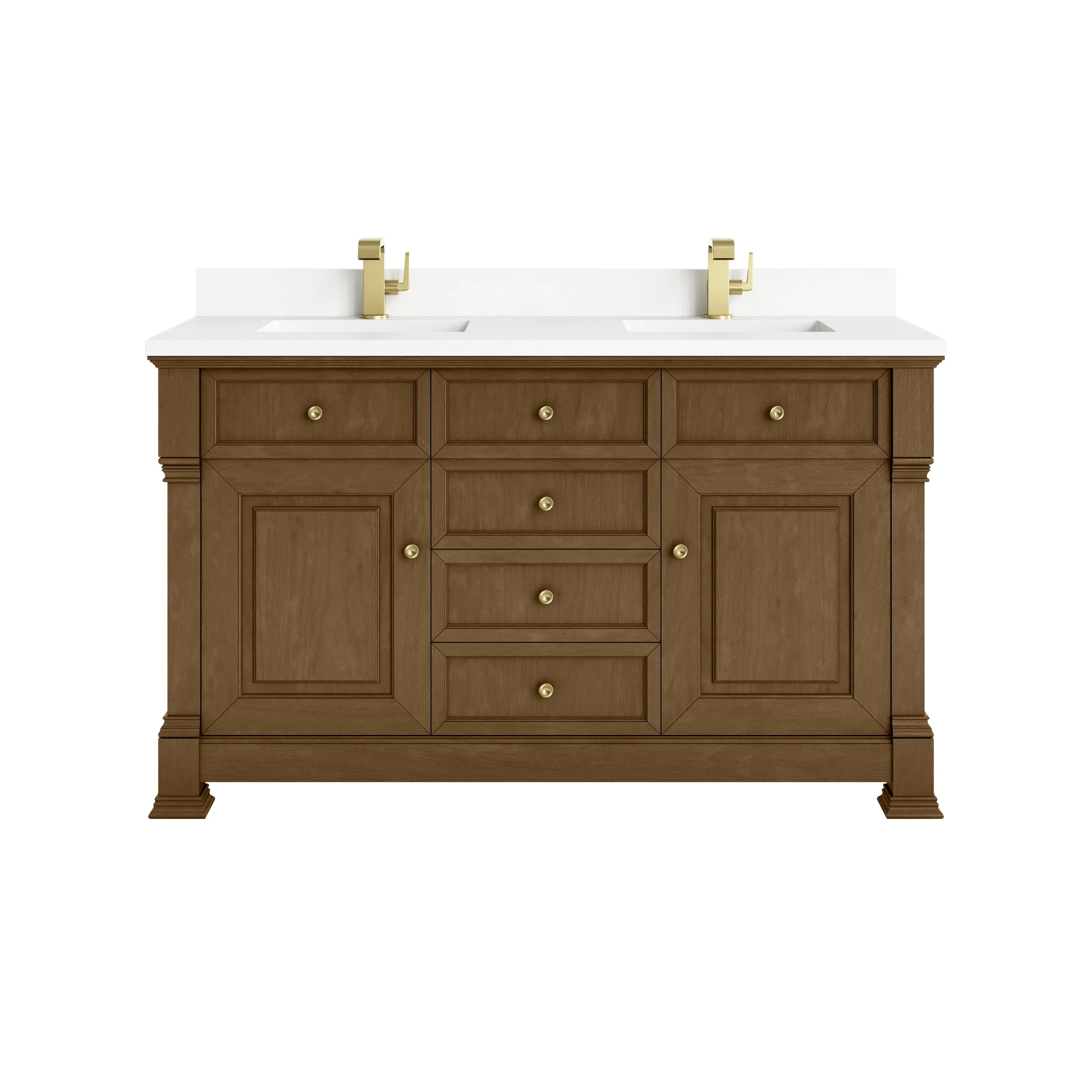 Brookfield 60" Double Vanity, Honey Oak w/ Single Hole 3 CM White Zeus Silestone Top & Backsplash