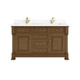 Brookfield 60" Double Vanity, Honey Oak w/ Single Hole 3 CM White Zeus Silestone Top & Backsplash