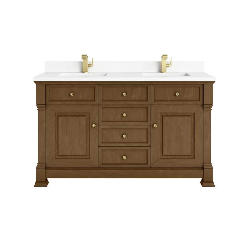 Brookfield 60" Double Vanity, Honey Oak w/ Single Hole 3 CM White Zeus Silestone Top & Backsplash