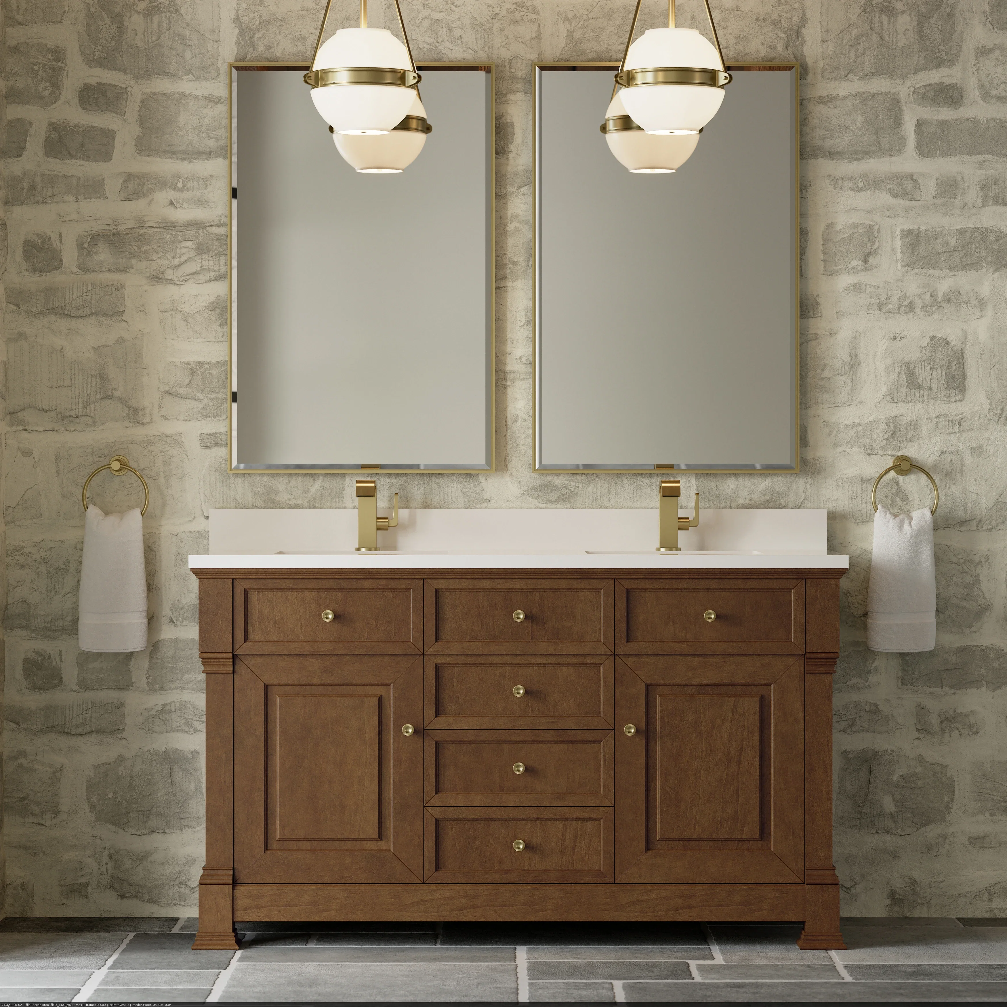 Brookfield 60" Double Vanity, Honey Oak w/ Single Hole 3 CM White Zeus Silestone Top & Backsplash