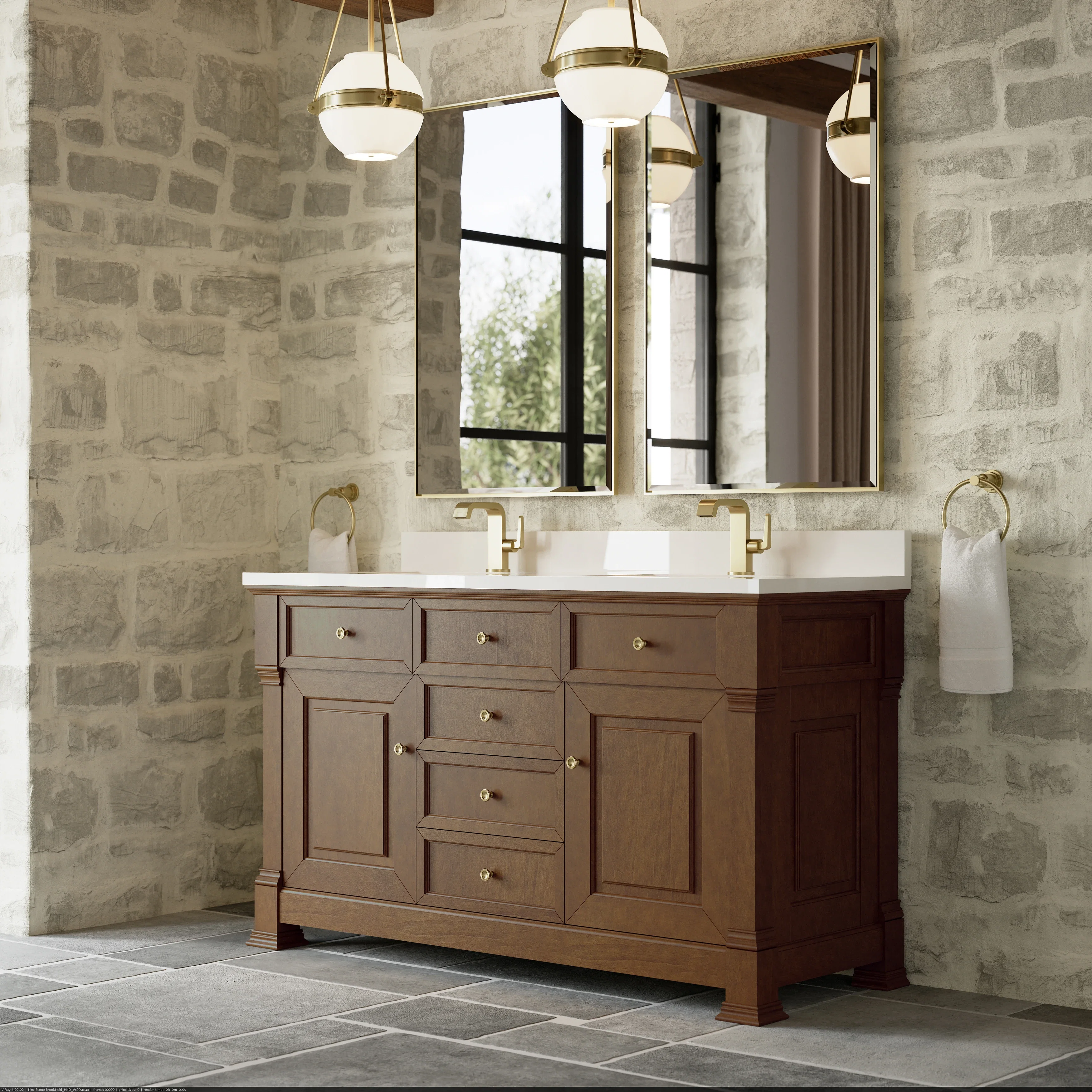 Brookfield 60" Double Vanity, Honey Oak w/ Single Hole 3 CM White Zeus Silestone Top & Backsplash