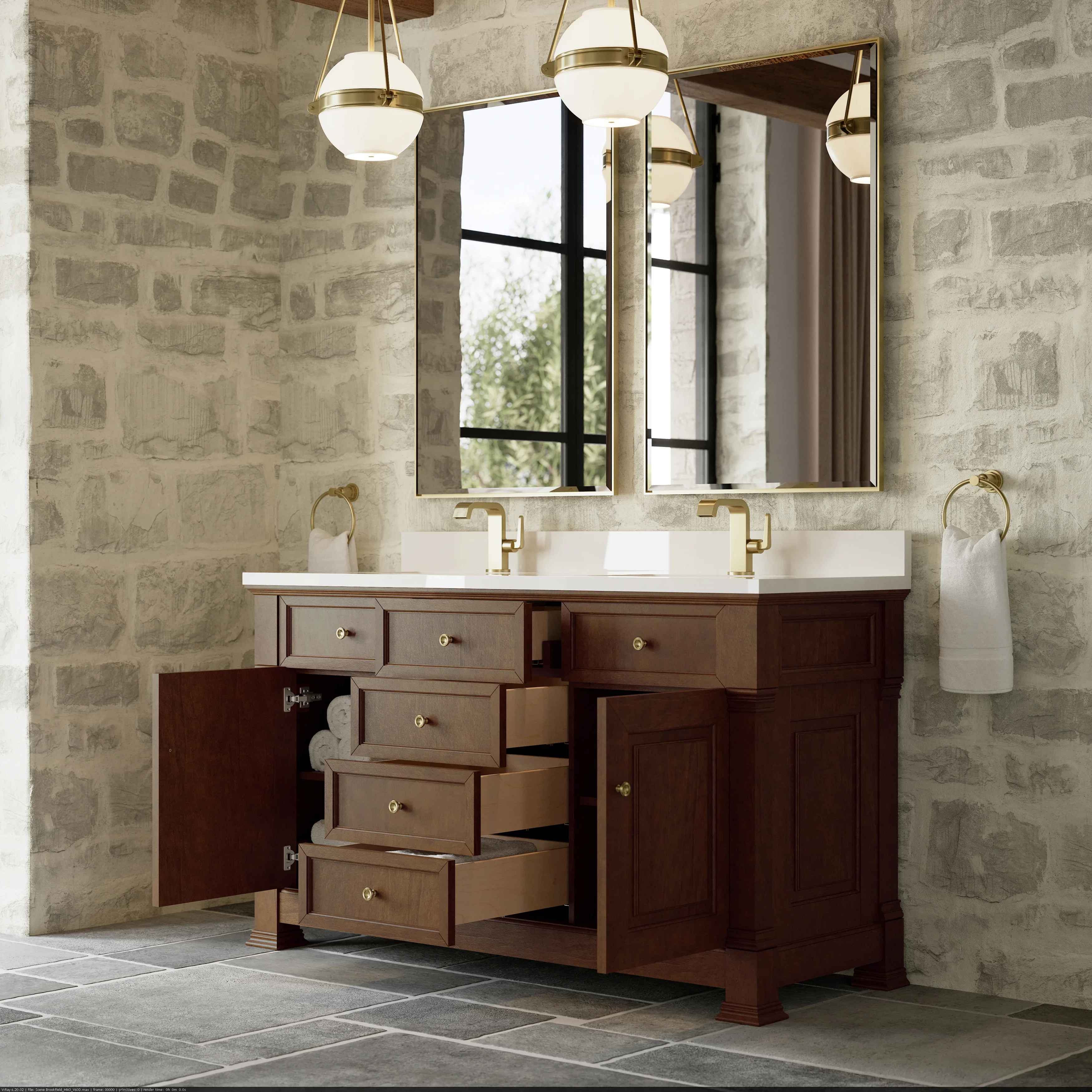 Brookfield 60" Double Vanity, Honey Oak w/ Single Hole 3 CM White Zeus Silestone Top & Backsplash