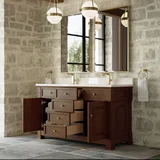 Brookfield 60" Double Vanity, Honey Oak w/ Single Hole 3 CM White Zeus Silestone Top & Backsplash